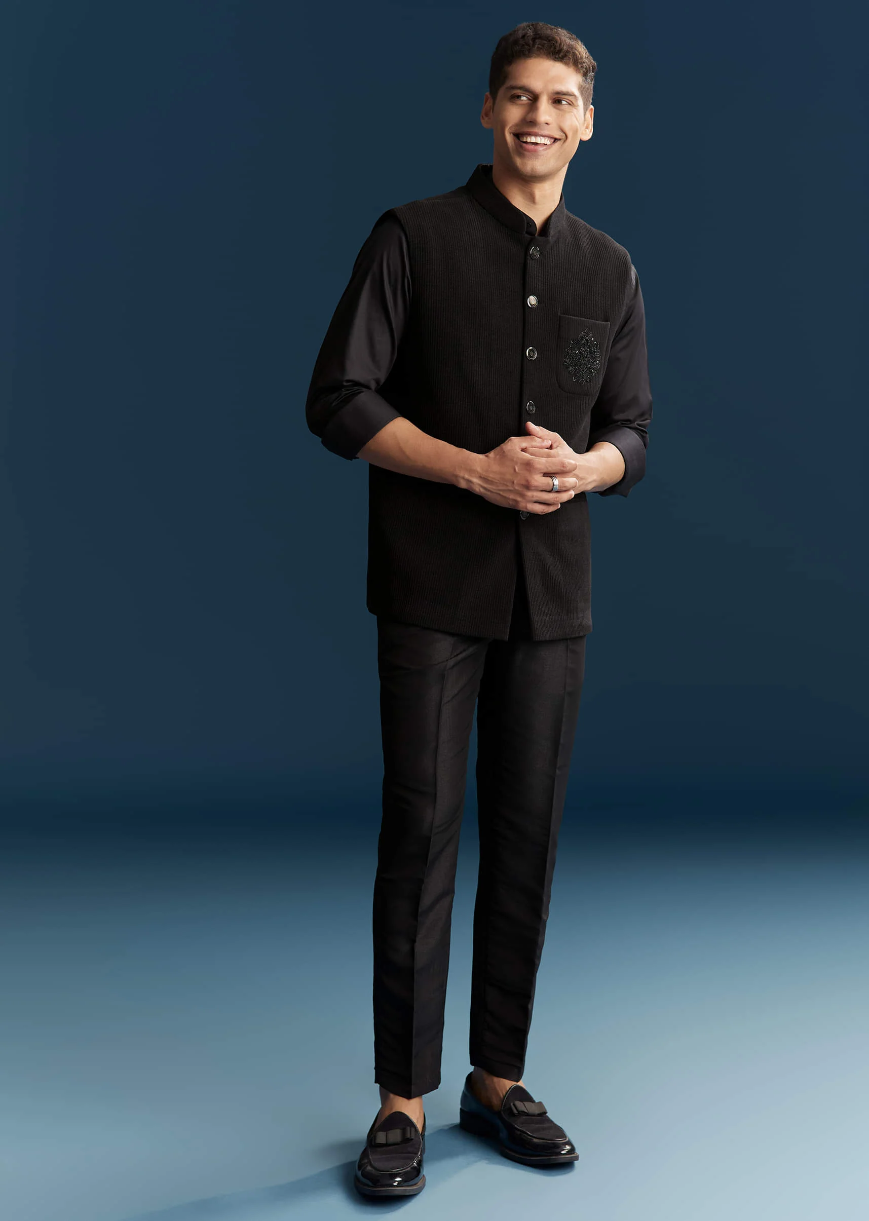 Black Corduroy Shirt Jacket For Men With Embroidery - Image 4