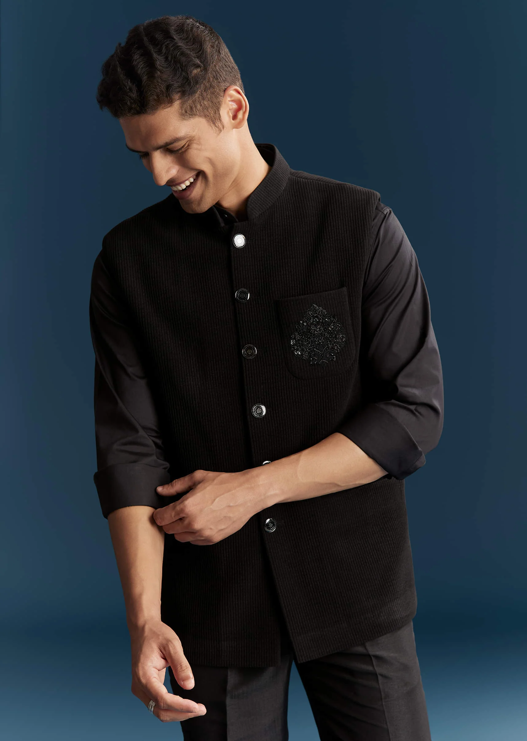 Black Corduroy Shirt Jacket For Men With Embroidery - Image 5