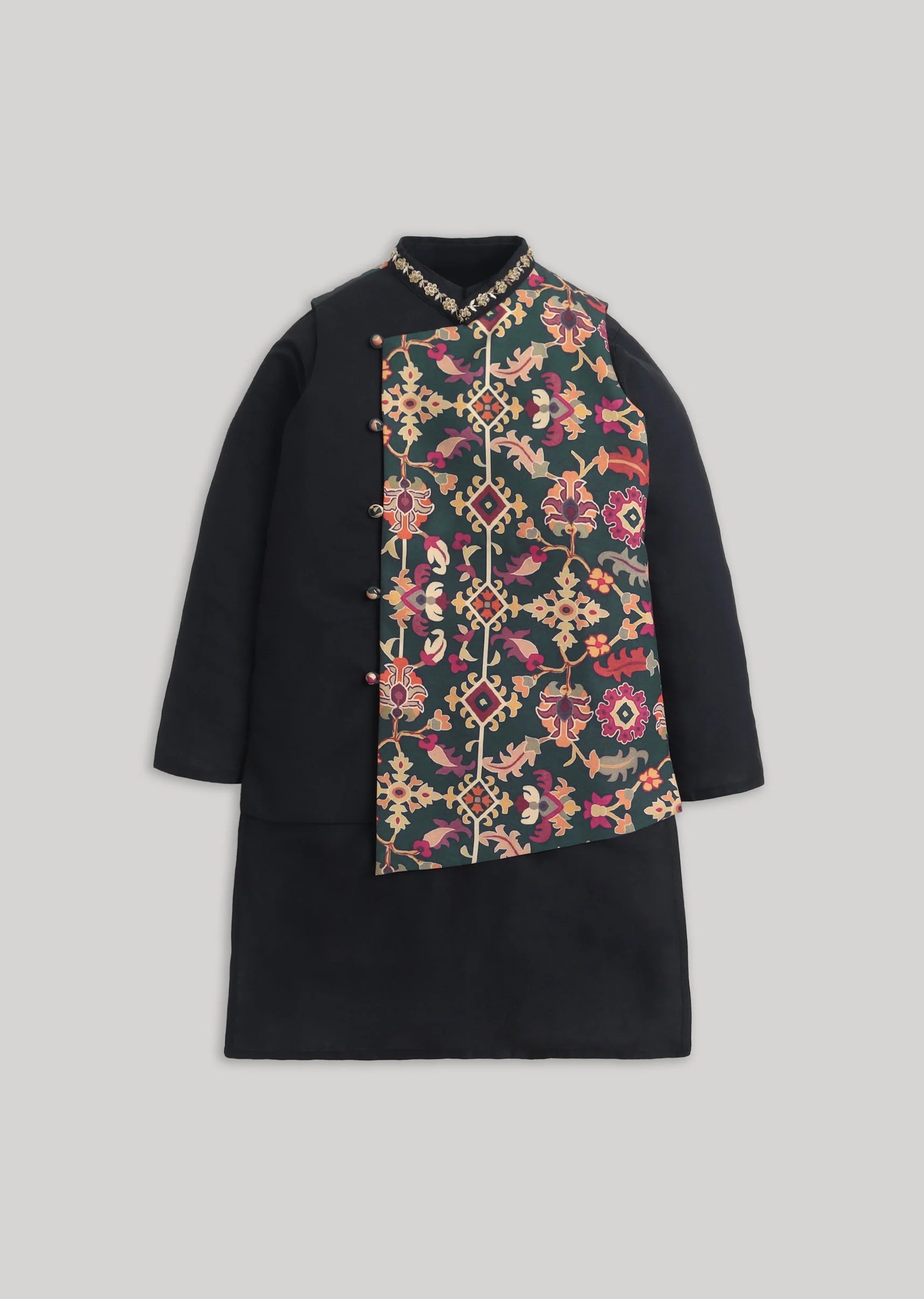 Black Cotton Kurta Jacket Set With Floral Embroidered Nehru Jacket - Image 5