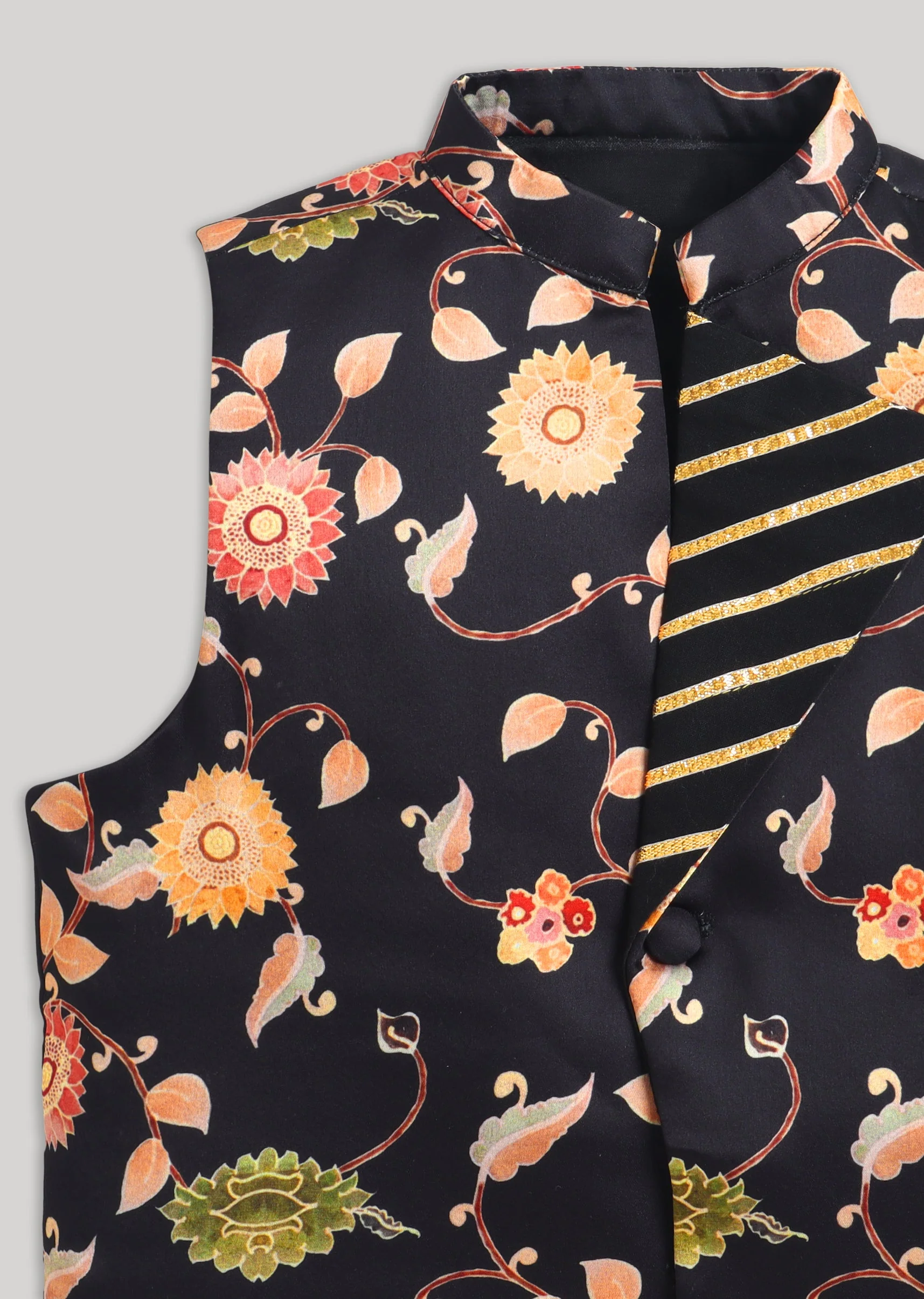 Black Cotton Kurta Jacket Set With Gotta Work Nehru Jacket - Image 7