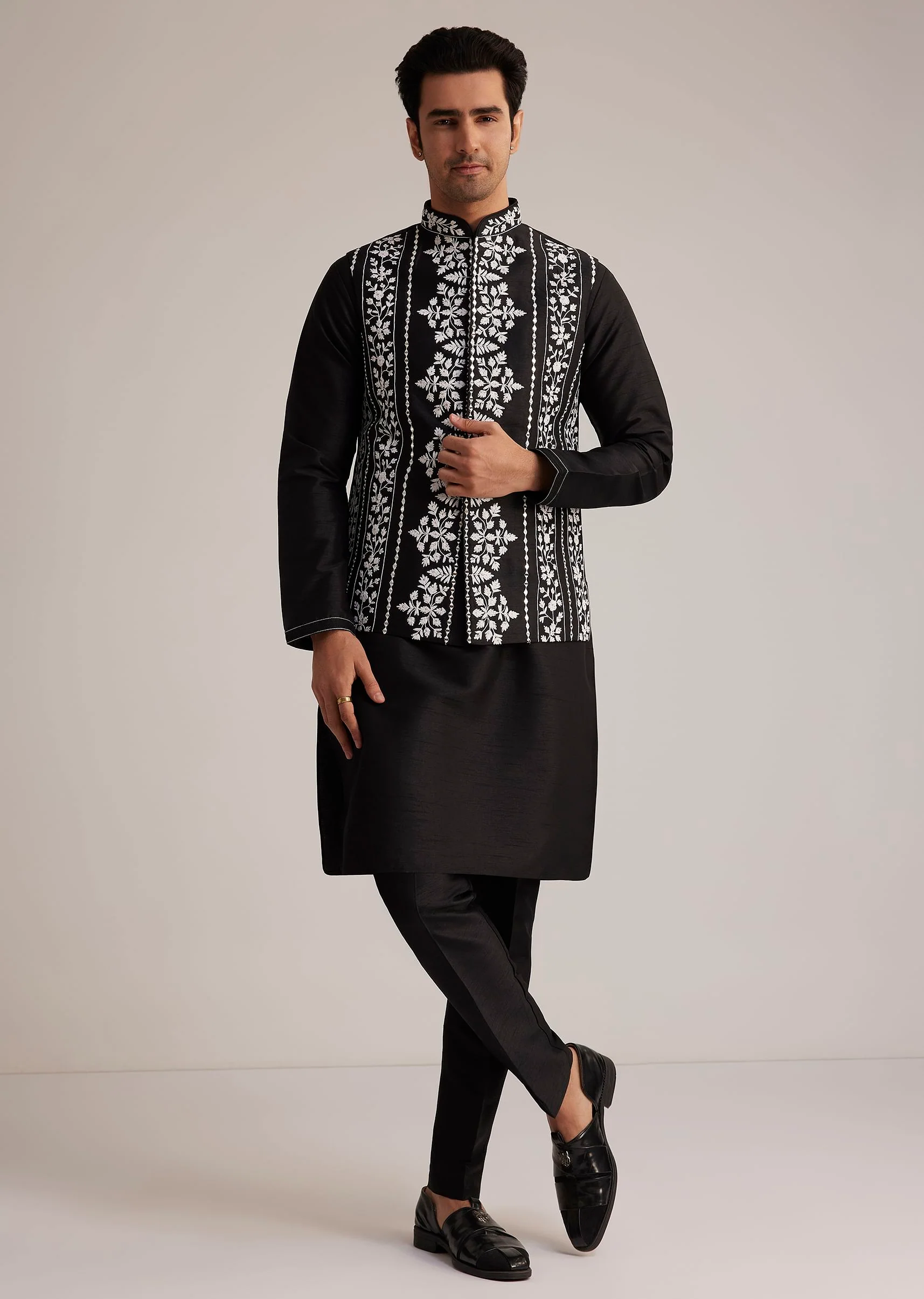 Black Cotton Silk Embroidered Jacket Kurta Set - Image 3