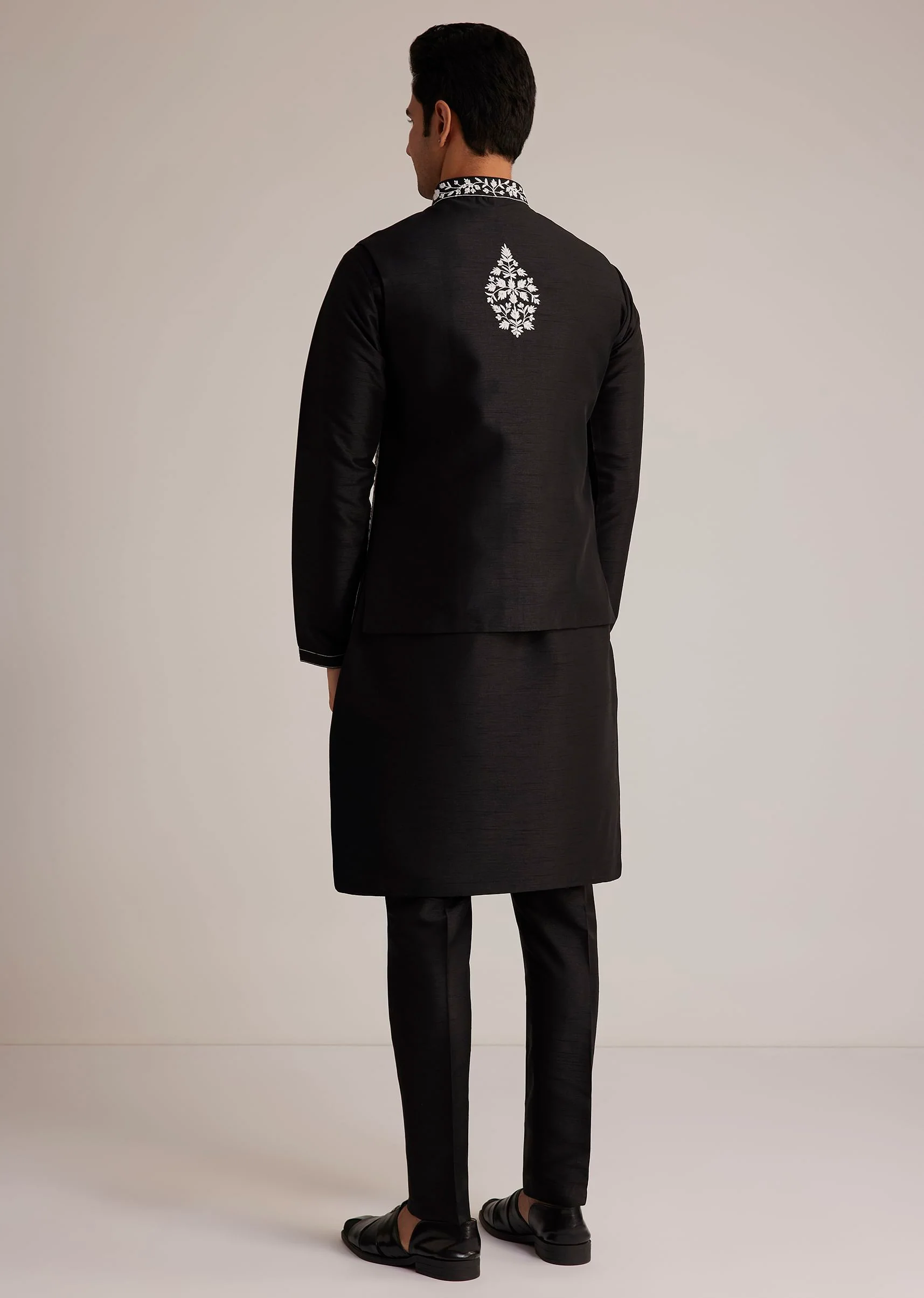 Black Cotton Silk Embroidered Jacket Kurta Set - Image 5