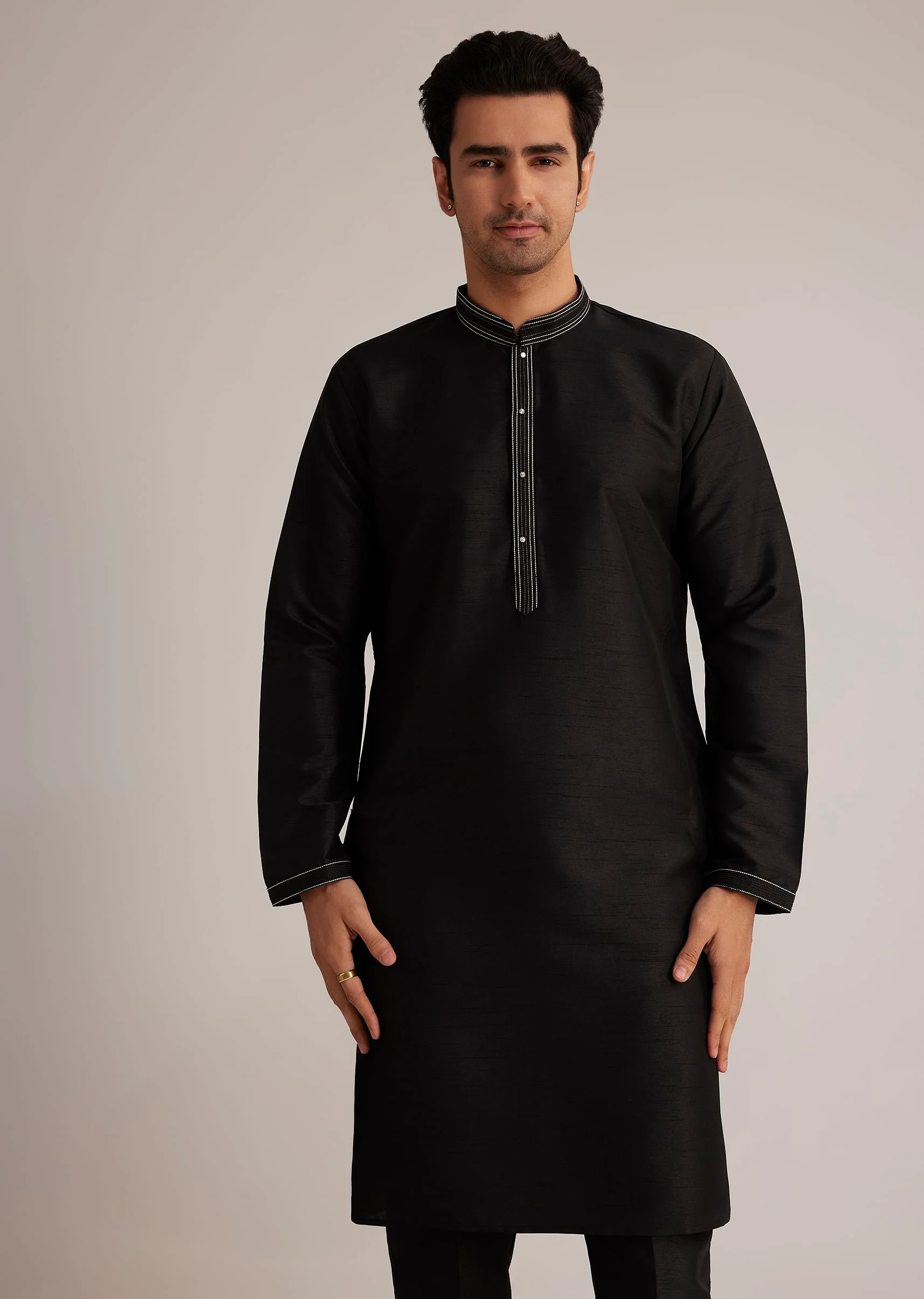 Black Cotton Silk Embroidered Jacket Kurta Set - Image 6