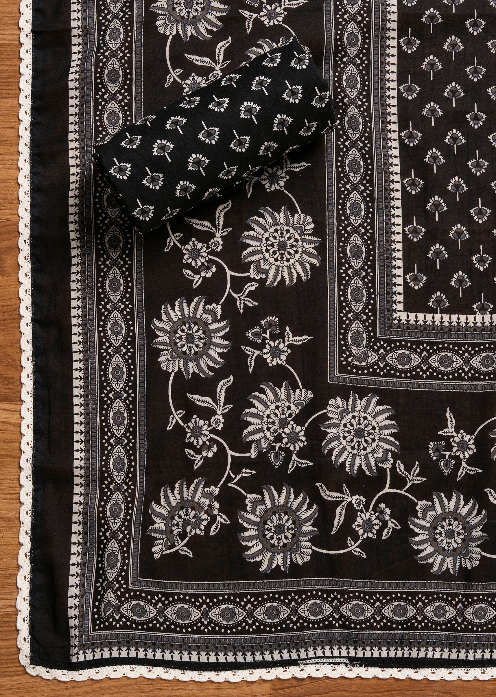 Black Cotton Unstitched Suit - Image 4
