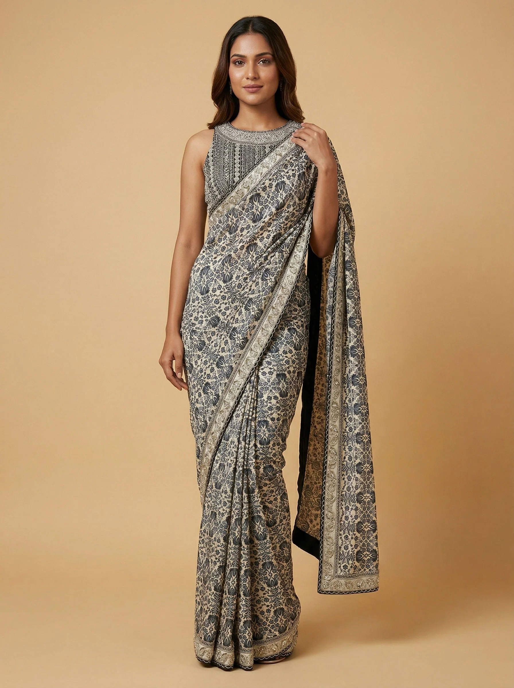 Black Cream Dual-Tone Embroidered Saree