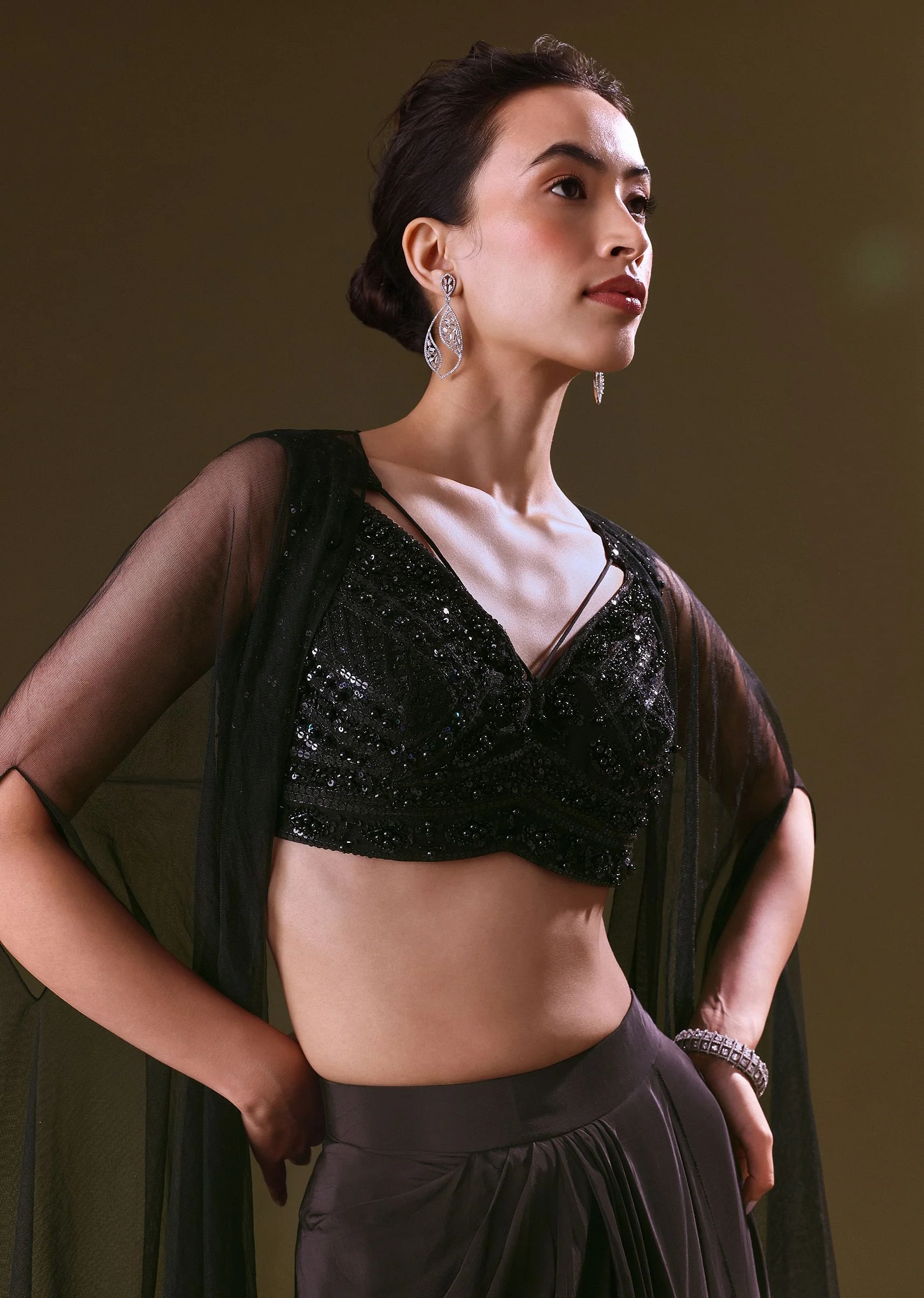 Black Crepe Drape Skirt Choli And Tulle Cape Set - Image 2