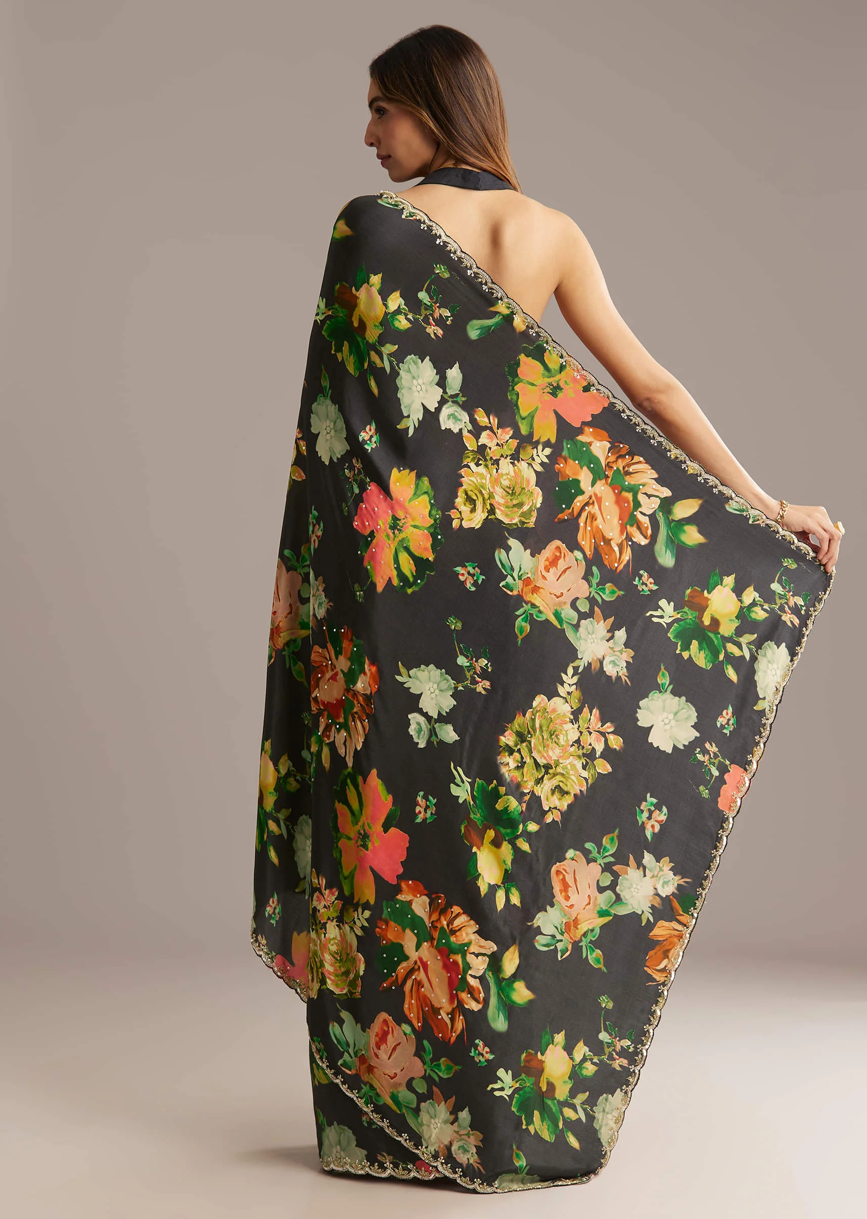 Black Crepe Saree With Floral Print And Stone Embroidery - Image 2