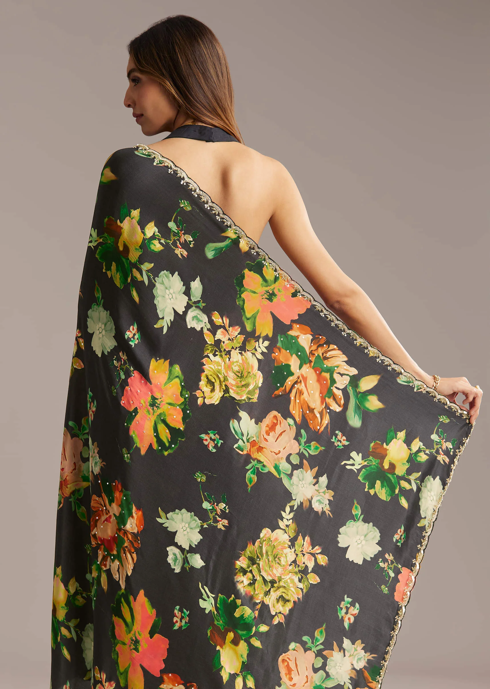 Black Crepe Saree With Floral Print And Stone Embroidery - Image 5