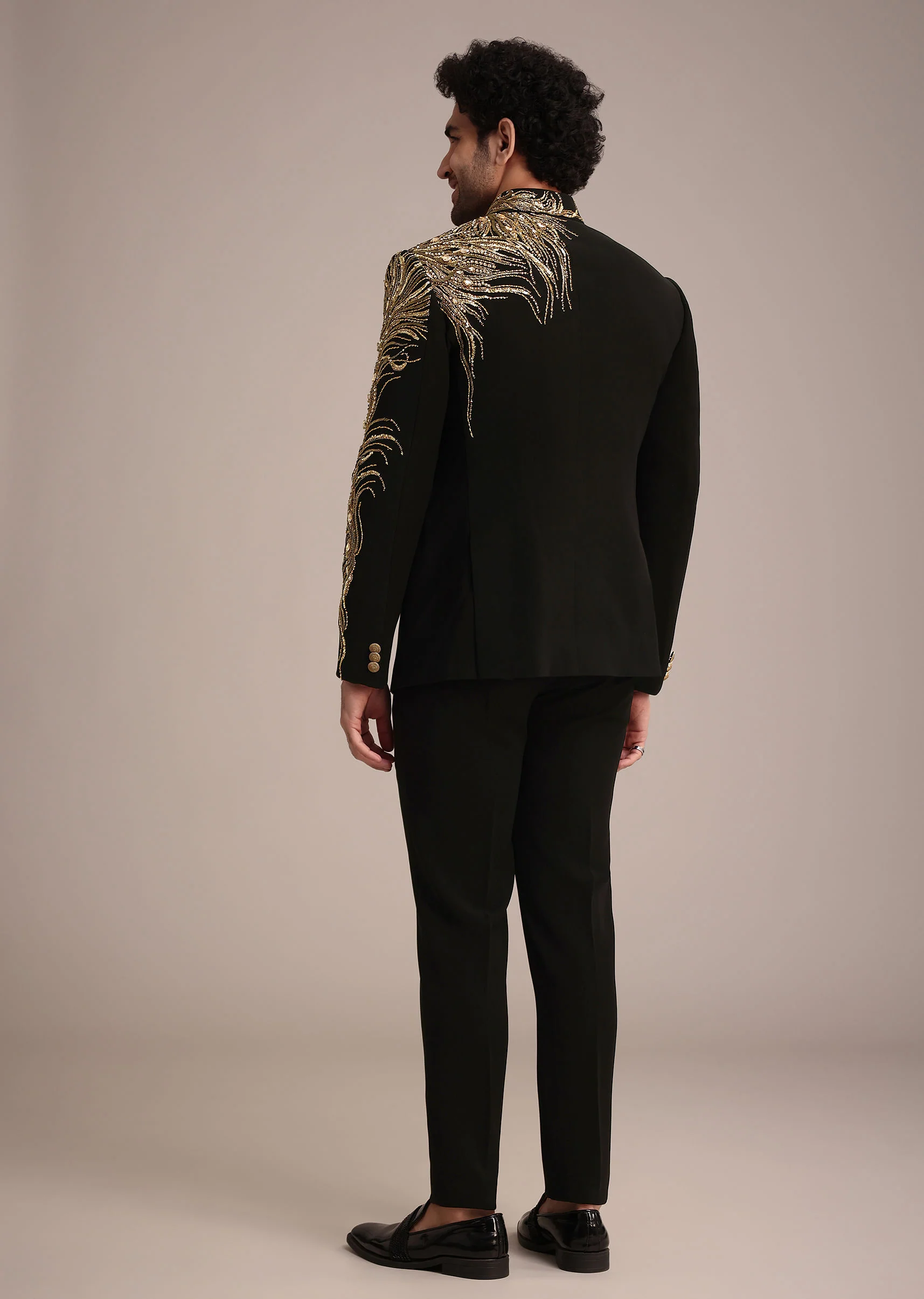 Black Crepe Tuxedo Suit With Hand Work - Image 5