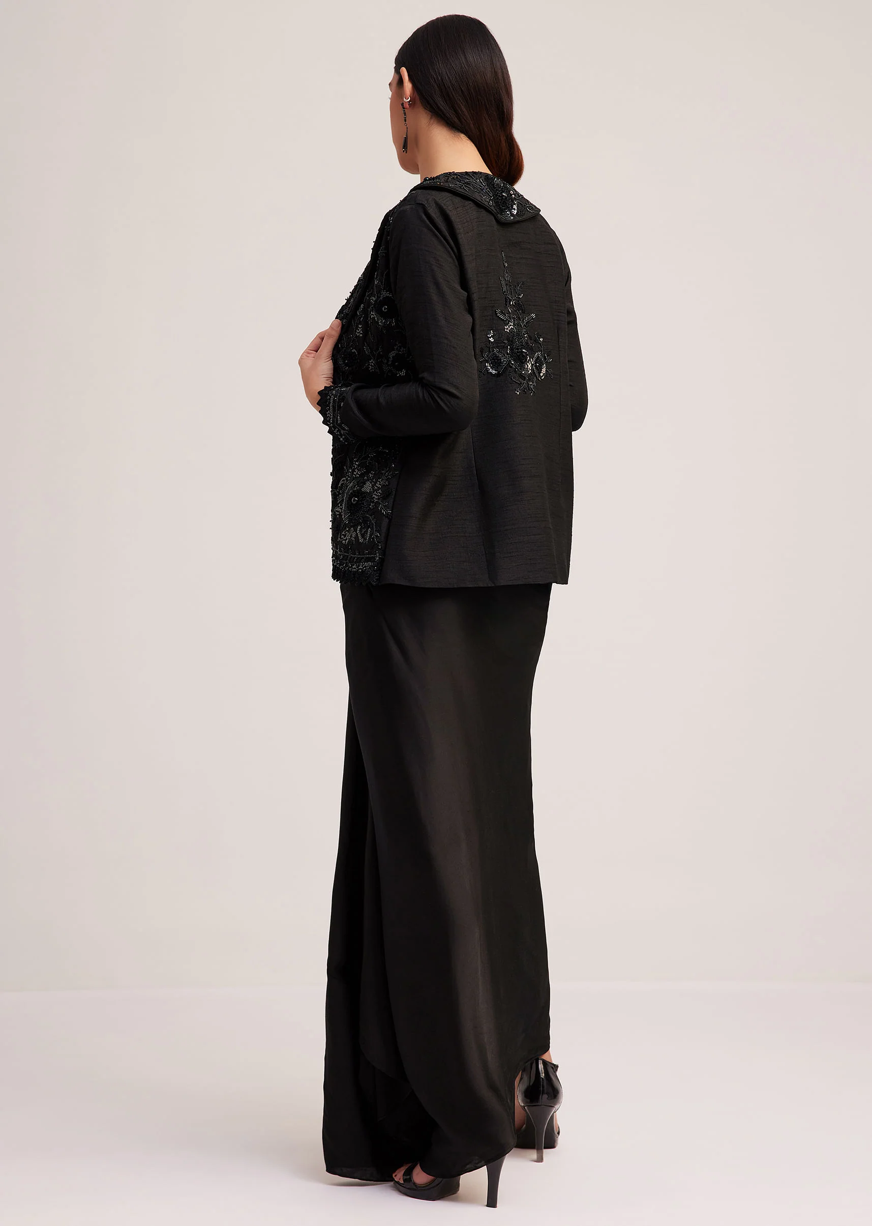 Black Crop Top Skirt And Embellished Jacket Set - Image 5