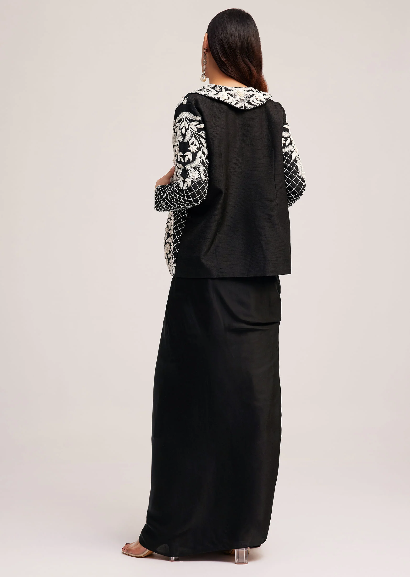 Black Crop Top Skirt And Embroidered Jacket Set - Image 5