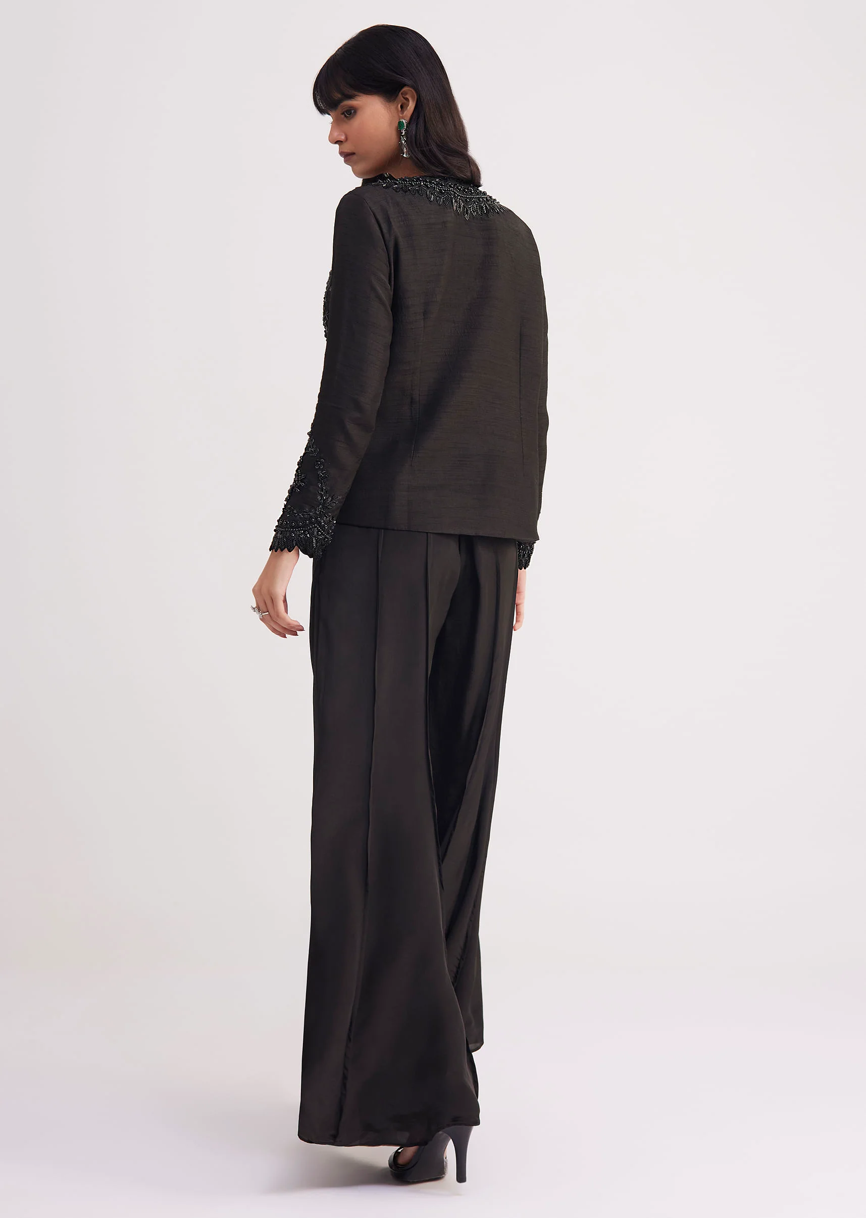 Black Crop Top With Flared Satin Palazzo - Image 5