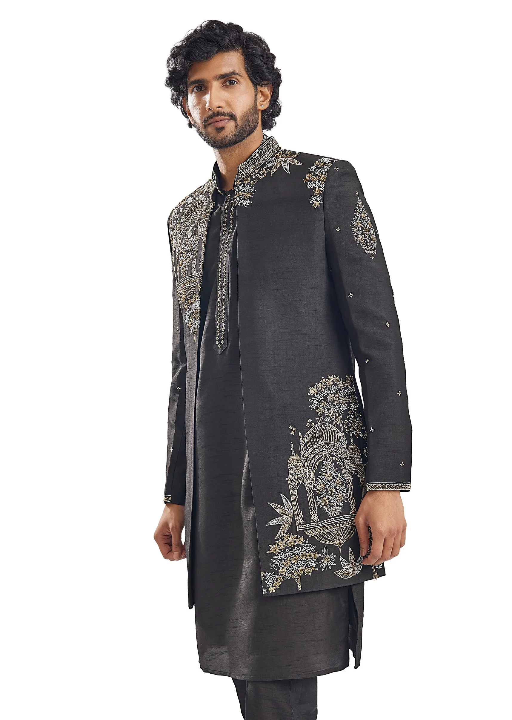 Black Cut Dana Thread Work Groomsman Sherwani - Image 2