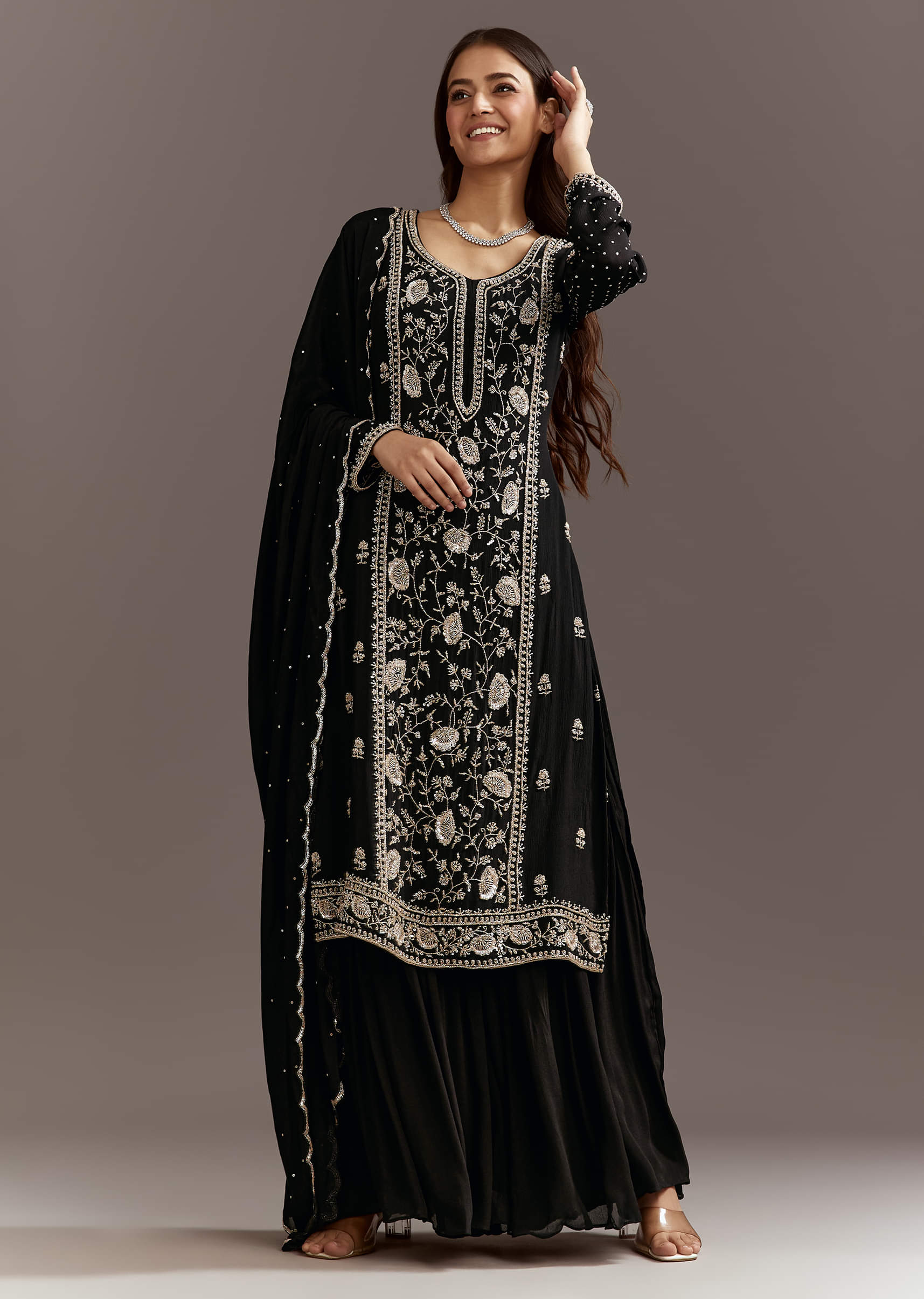 Black Cutdana And Sequins Kurta With Chinon Sharara And Dupatta - Image 2