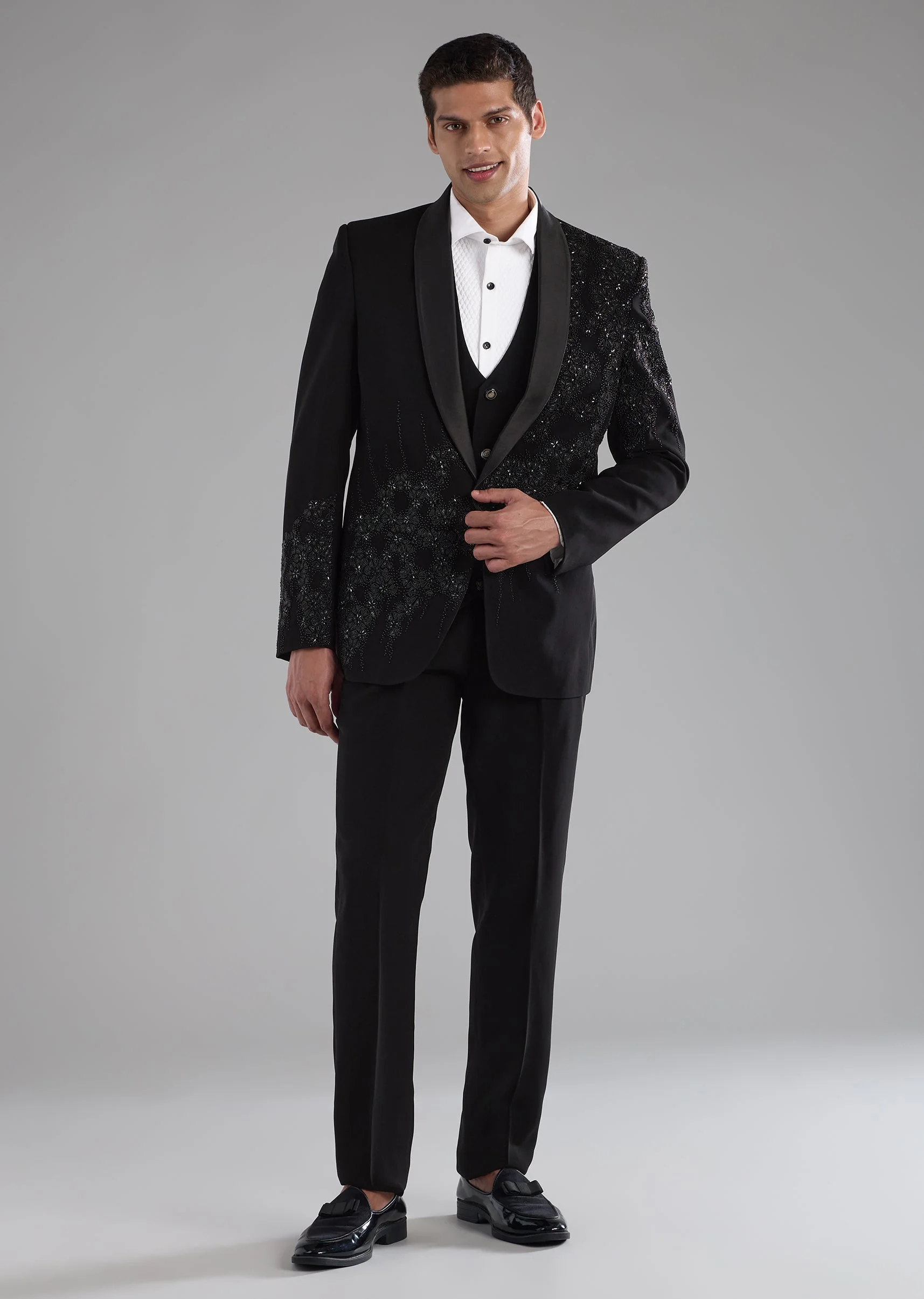 Black Cutdana Embellished Tuxedo Set - Image 2