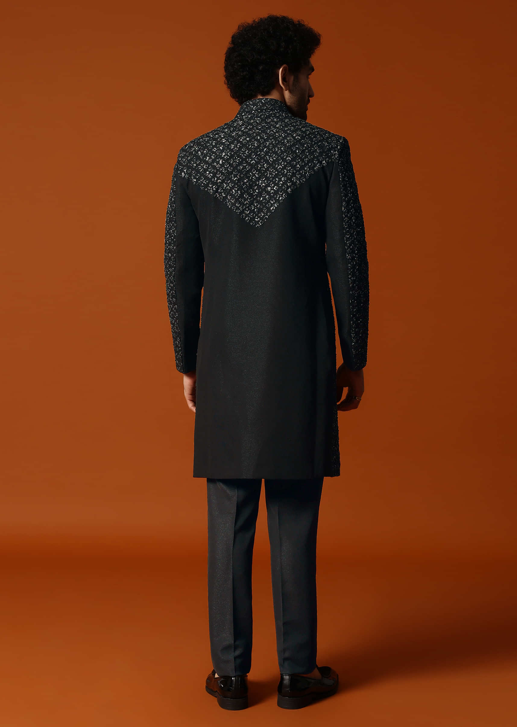 Black Cutdana Embroidered Indowestern Suit For Men - Image 5