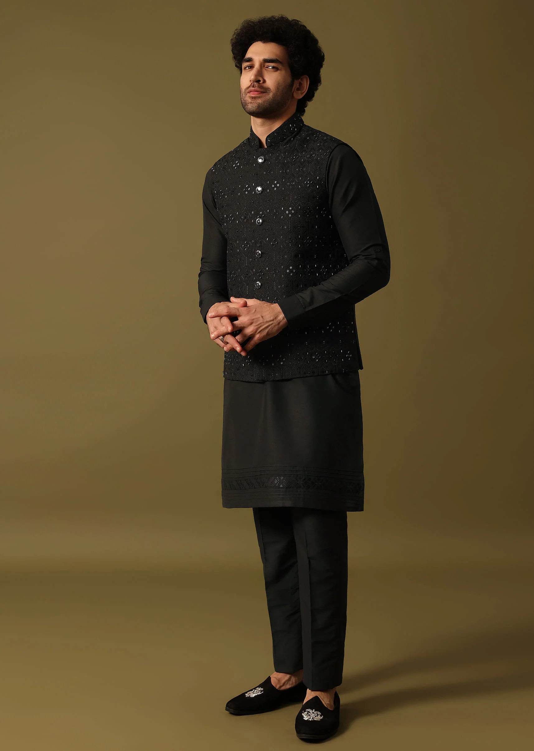 Black Cutdana Embroidered Kurta Jacket Set - Image 2
