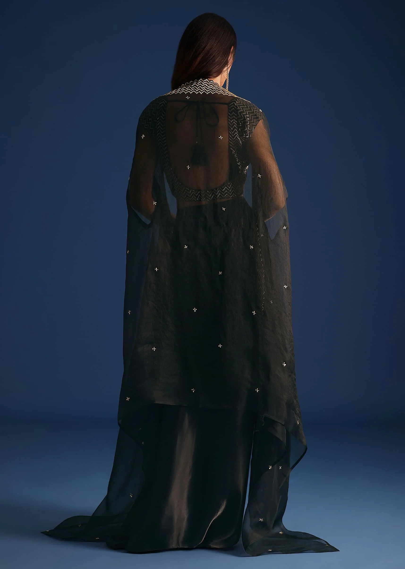 Black Cutdana Work Crop Top With Asymmetric Jacket And Skirt - Image 5