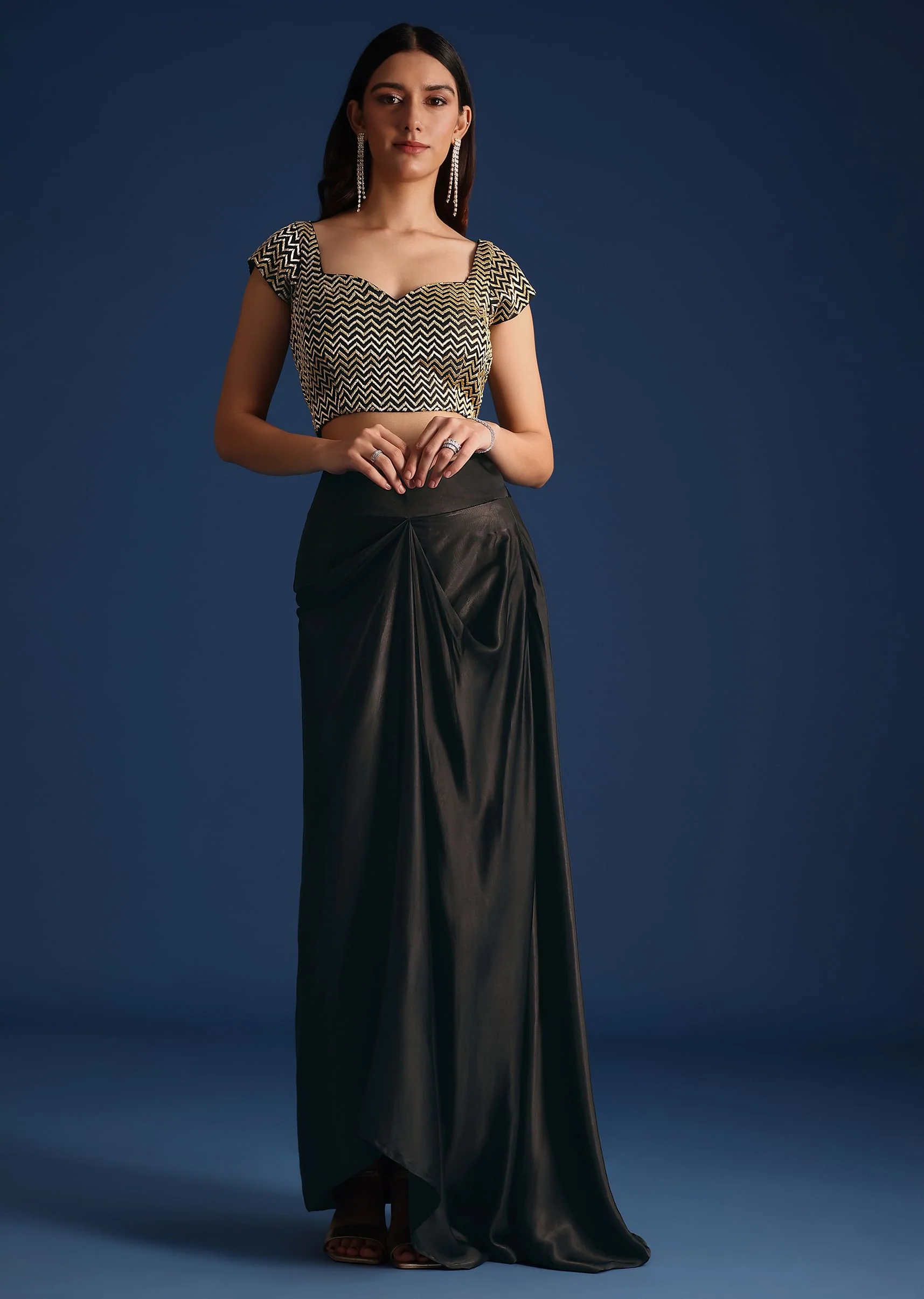 Black Cutdana Work Crop Top With Asymmetric Jacket And Skirt - Image 6