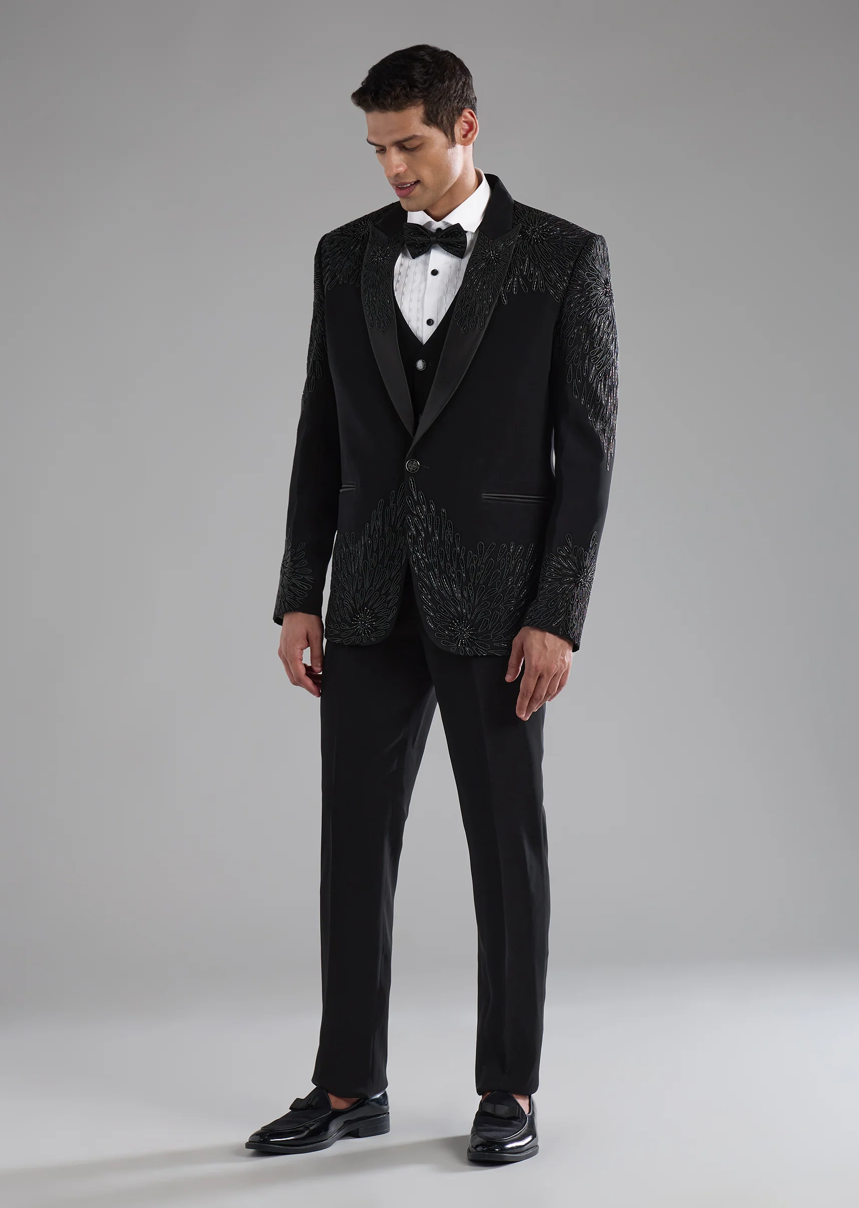 Black Cutdana Work Tuxedo, Shirt and Bow Set - Image 2