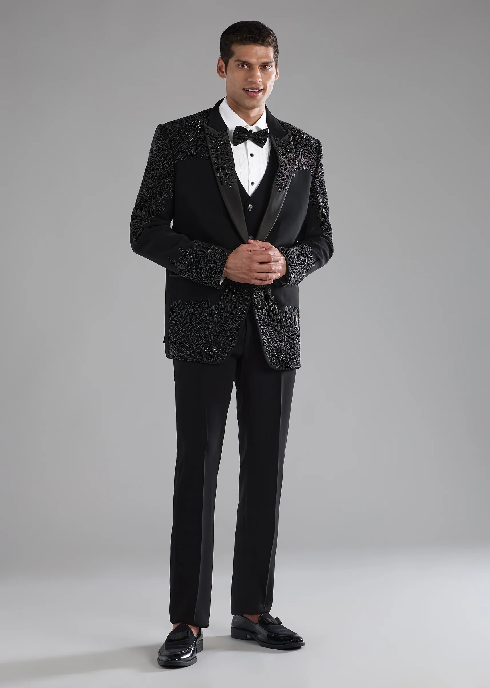 Black Cutdana Work Tuxedo, Shirt and Bow Set - Image 4