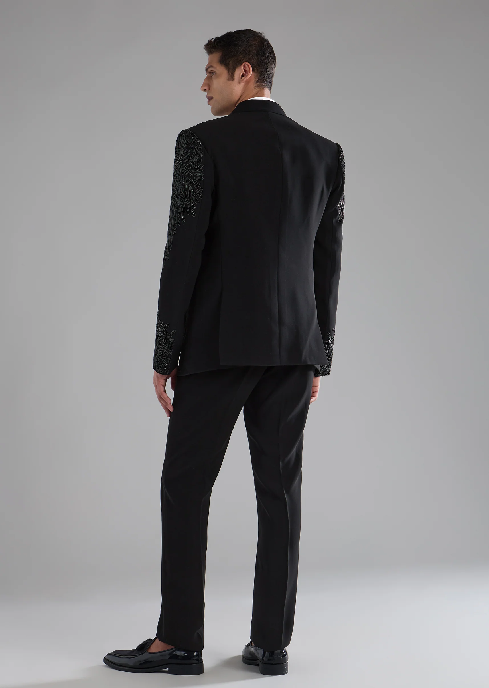 Black Cutdana Work Tuxedo, Shirt and Bow Set - Image 5