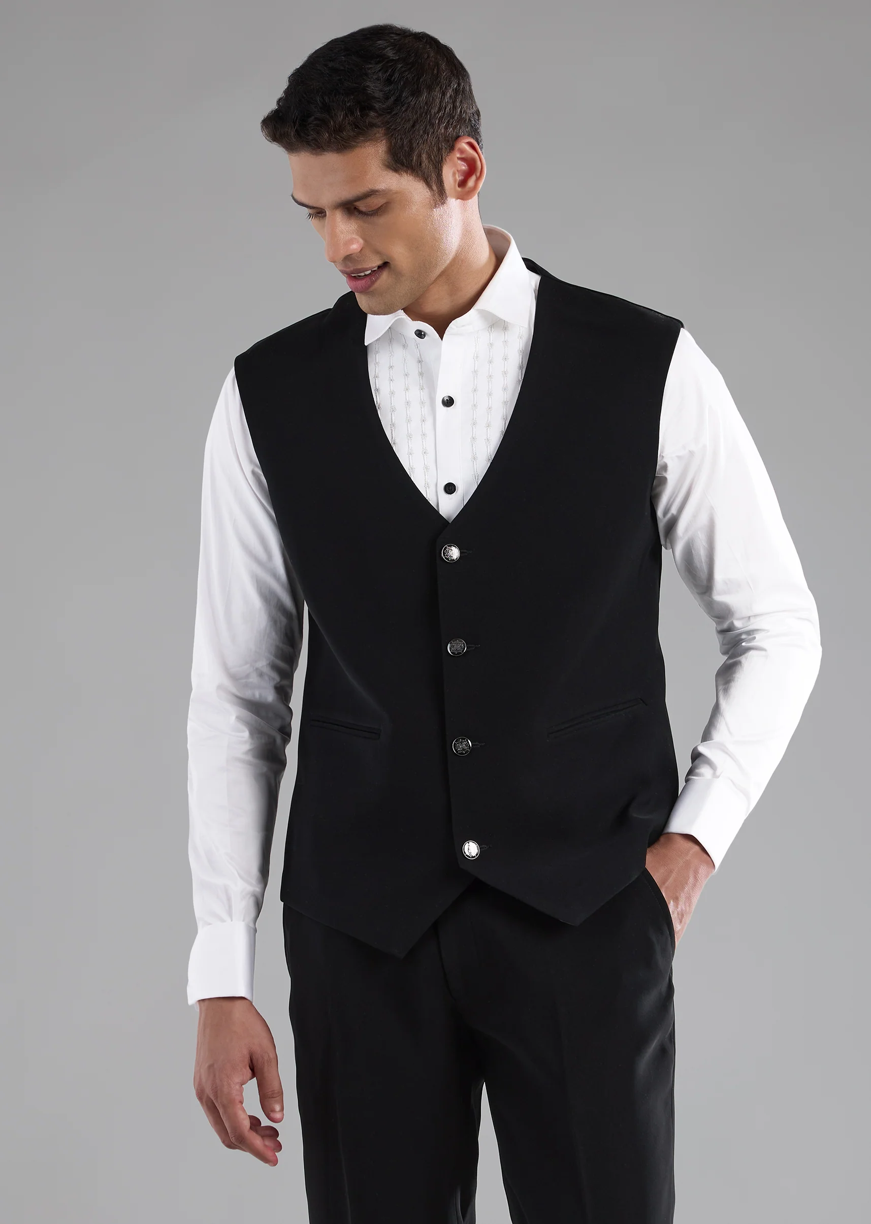 Black Cutdana Work Tuxedo, Shirt and Bow Set - Image 6