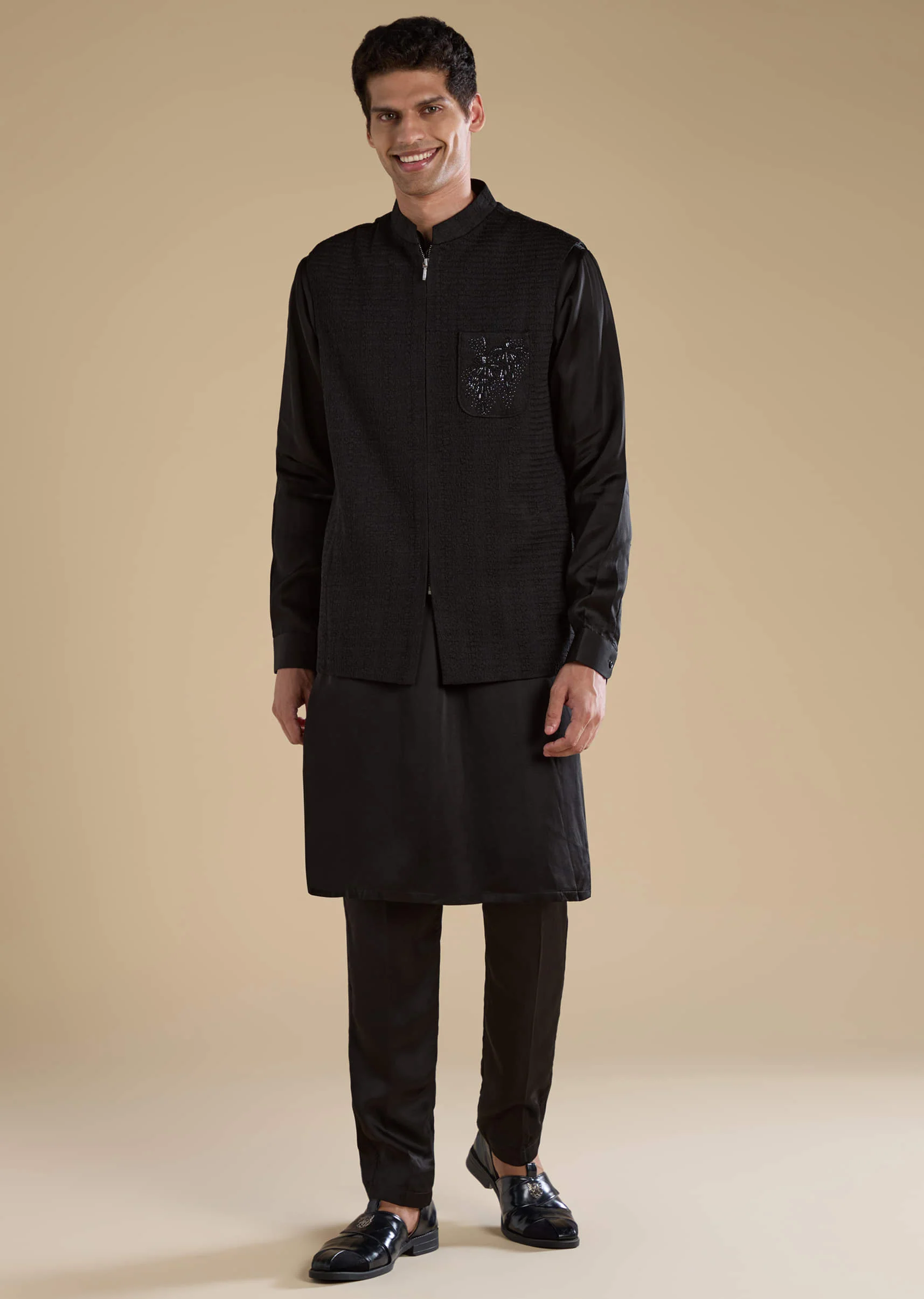 Black Cutwork Mens Jacket Kurta and Pant Set - Image 2