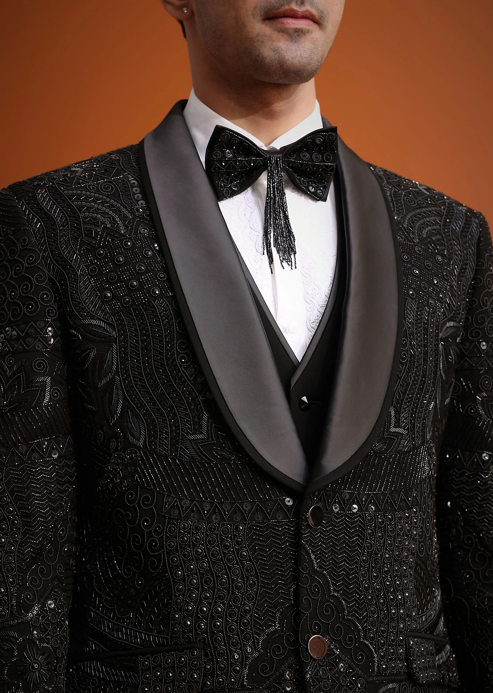 Black Cutwork Stone Embellished Tuxedo Set - Image 2