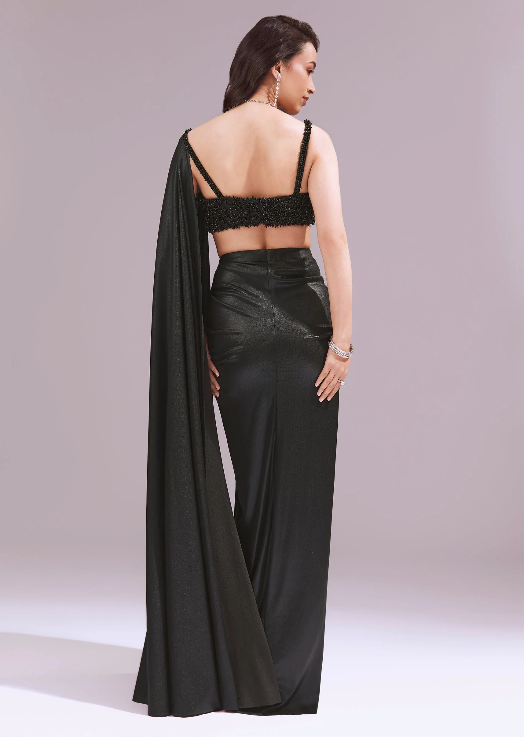 Black Draped Crop Top And Skirt Set - Image 2