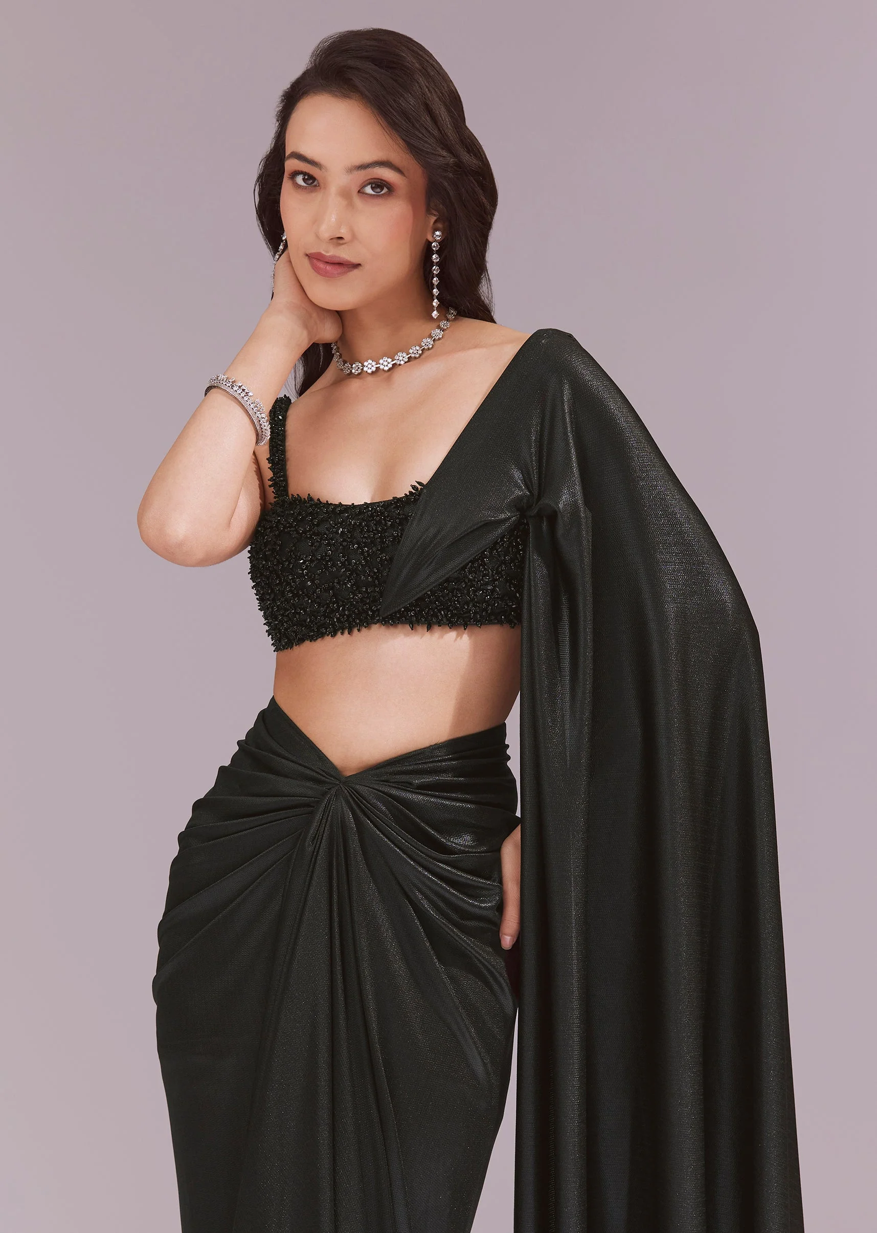Black Draped Crop Top And Skirt Set - Image 5