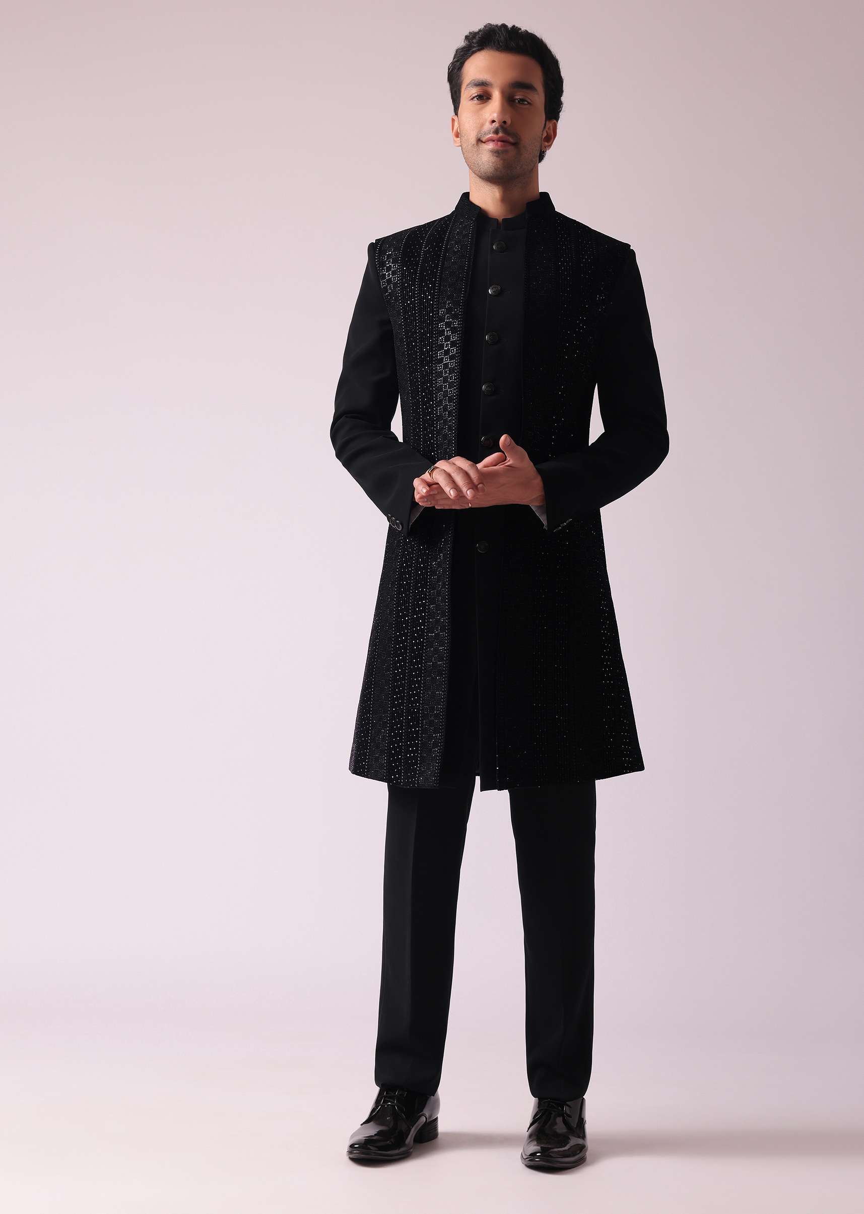 Black Embellished Indowestern In Suiting Fabric - Image 3