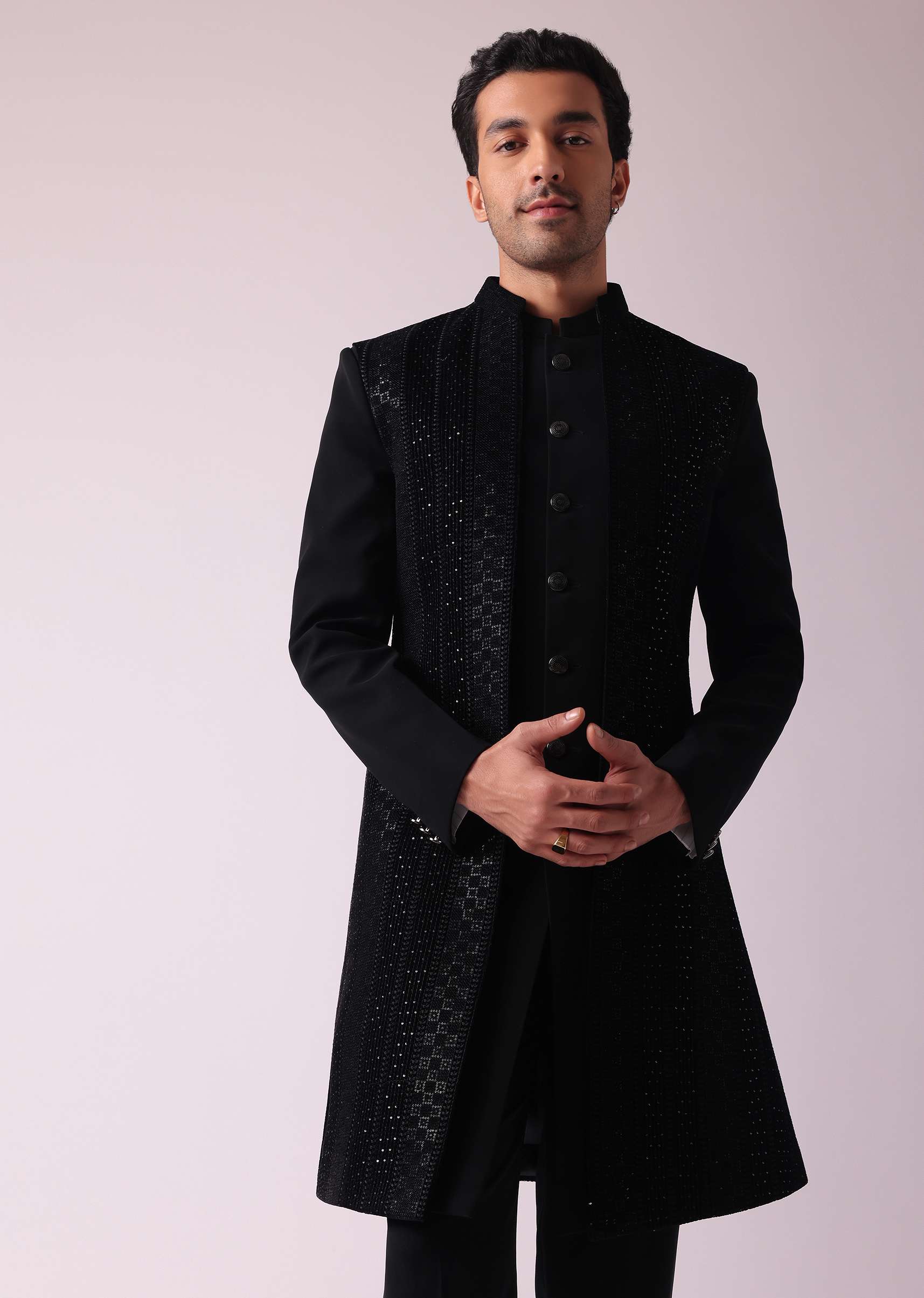 Black Embellished Indowestern In Suiting Fabric - Image 4