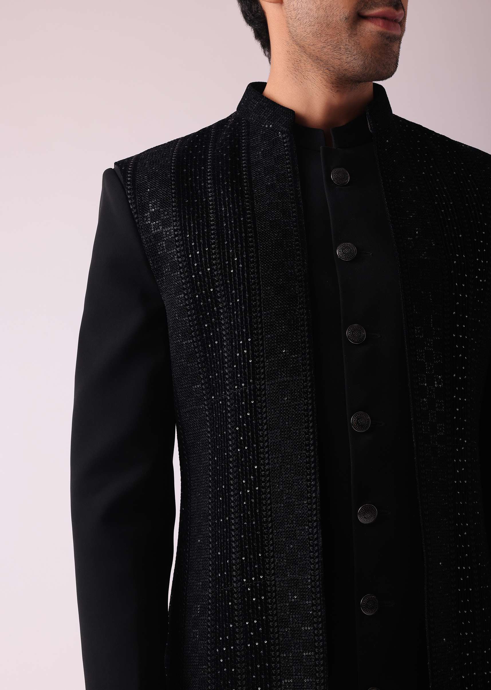 Black Embellished Indowestern In Suiting Fabric - Image 8