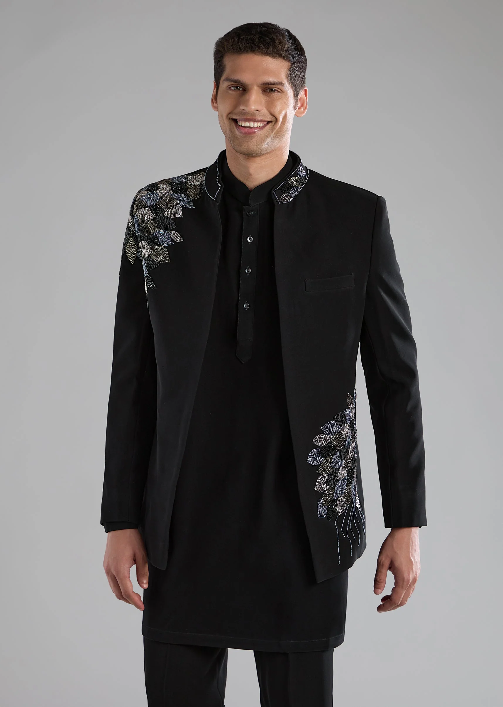 Black Embellished Jodhpuri Kurta Set with Resham Work - Image 3