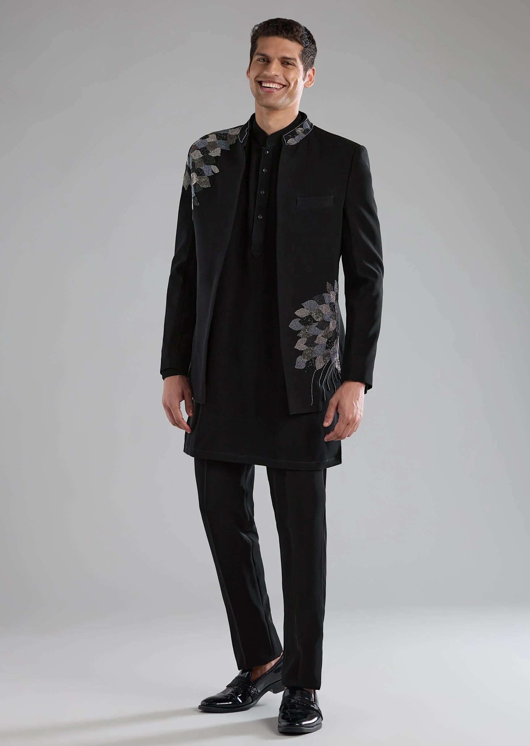Black Embellished Jodhpuri Kurta Set with Resham Work - Image 4