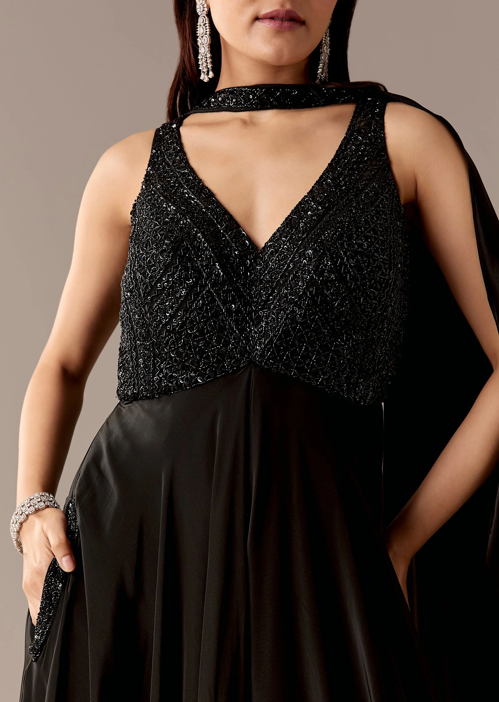 Black Embellished Jumpsuit With Choker Dupatta - Image 2