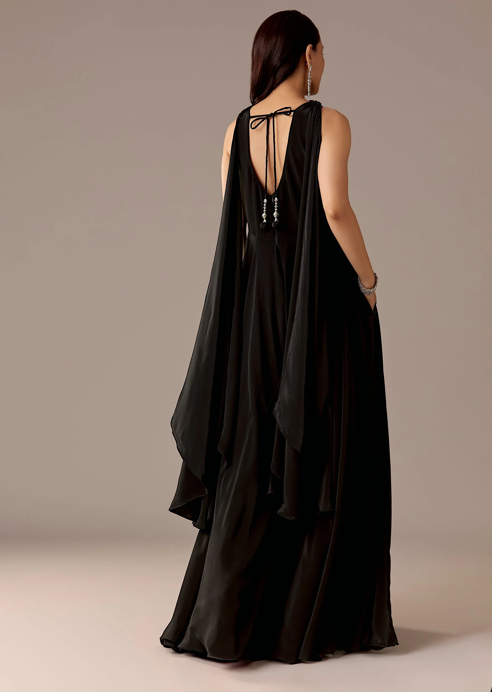 Black Embellished Jumpsuit With Choker Dupatta - Image 5