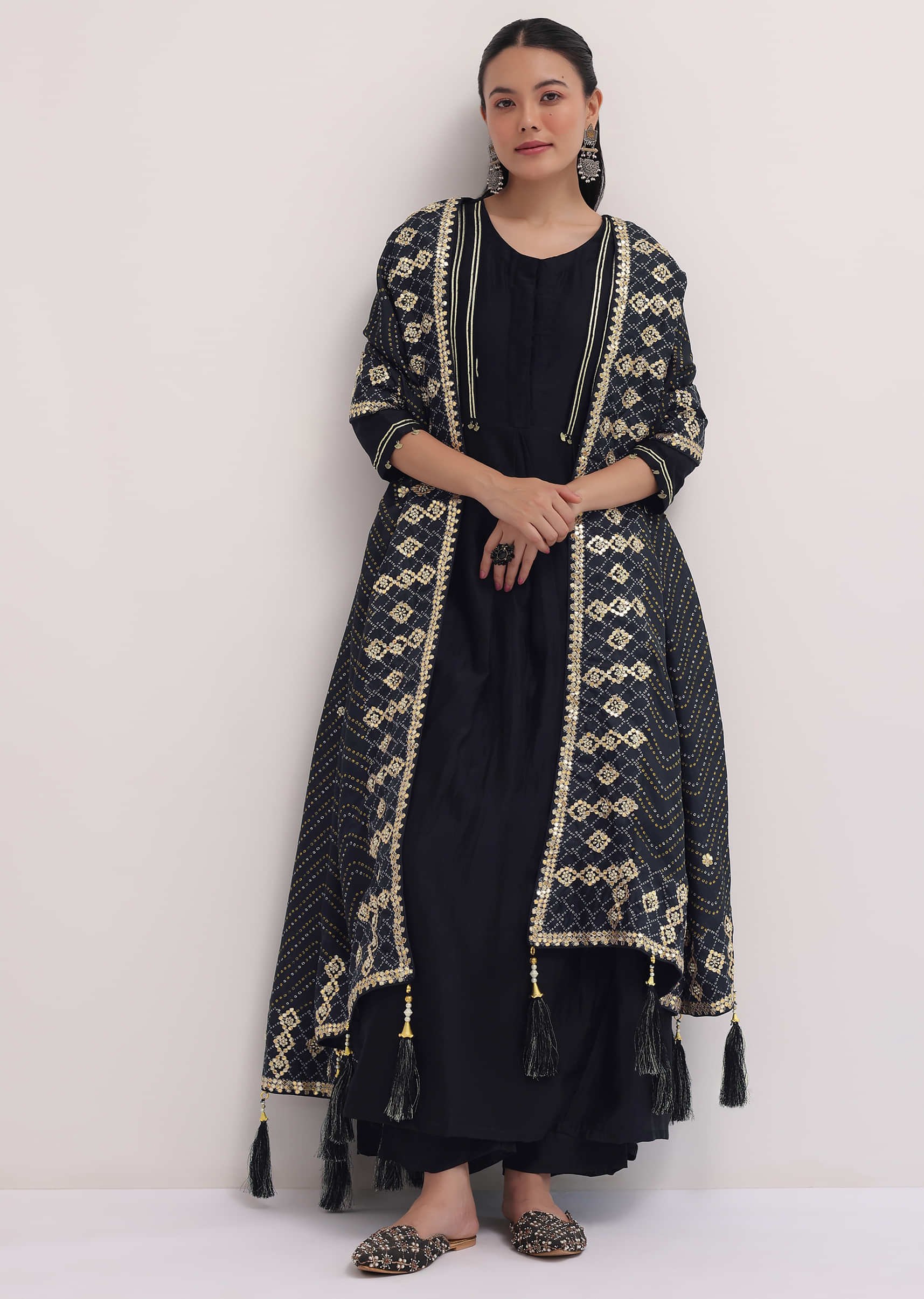 Black Embroidered Chanderi Anarkali Set - Image 3