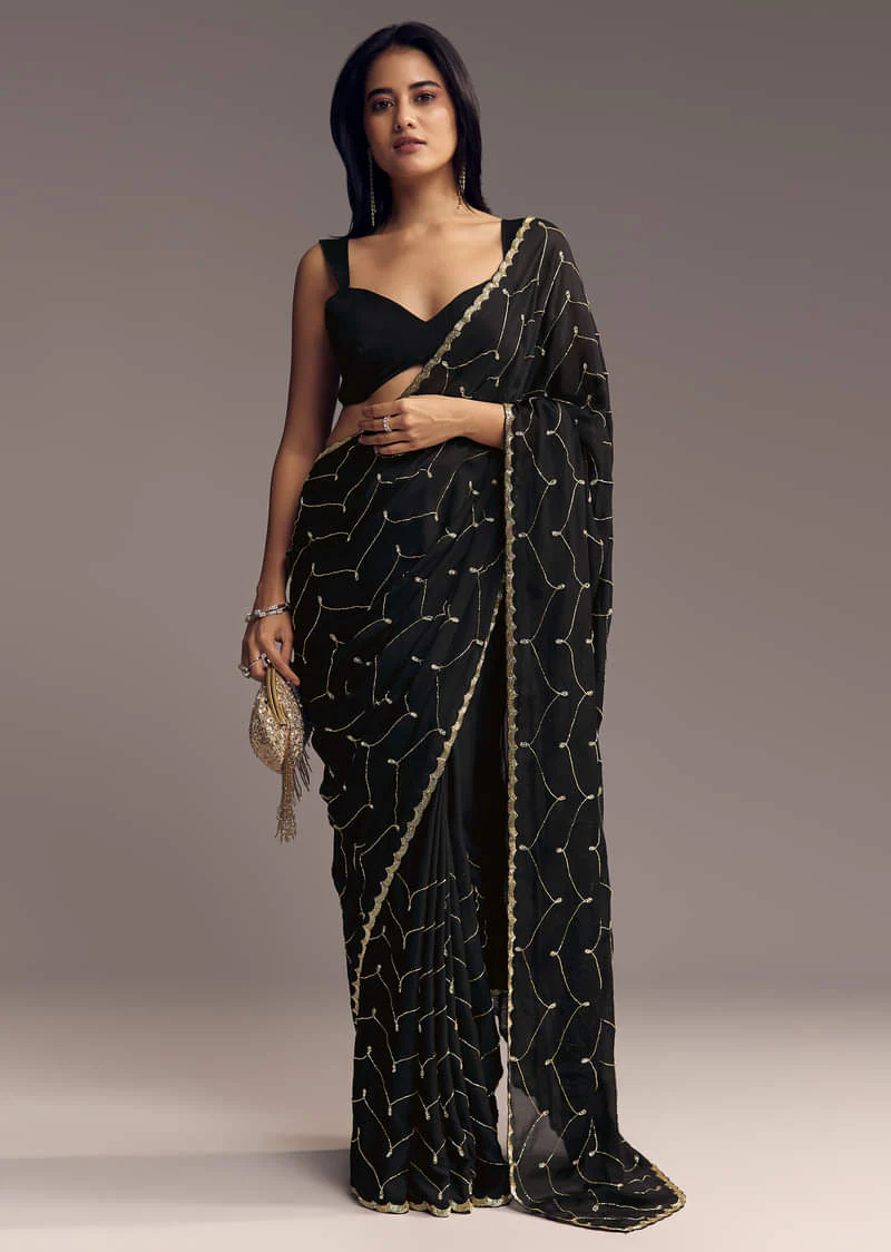 Black Embroidered Chinon Saree With Cut Dana Work - Image 3