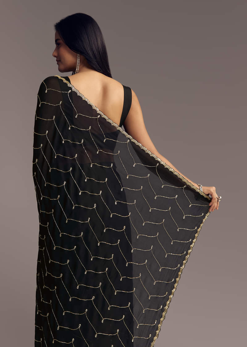 Black Embroidered Chinon Saree With Cut Dana Work - Image 4