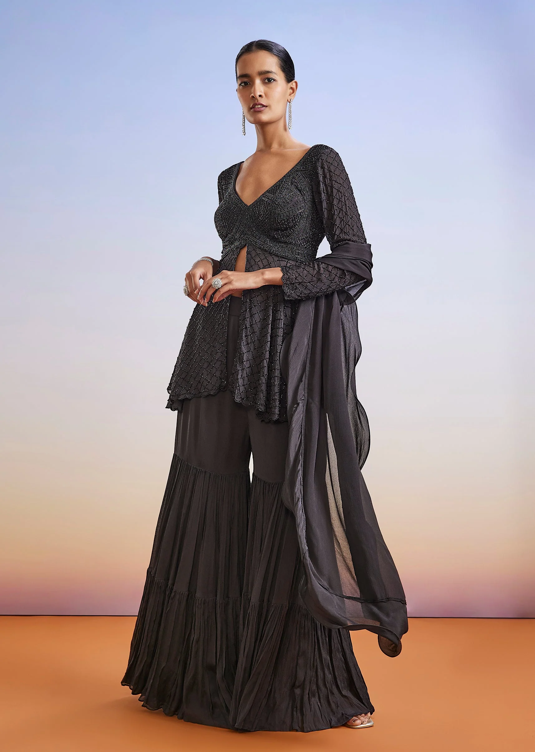 Black Embroidered Chinon Sharara Suit With Peplum Kurta - Image 3
