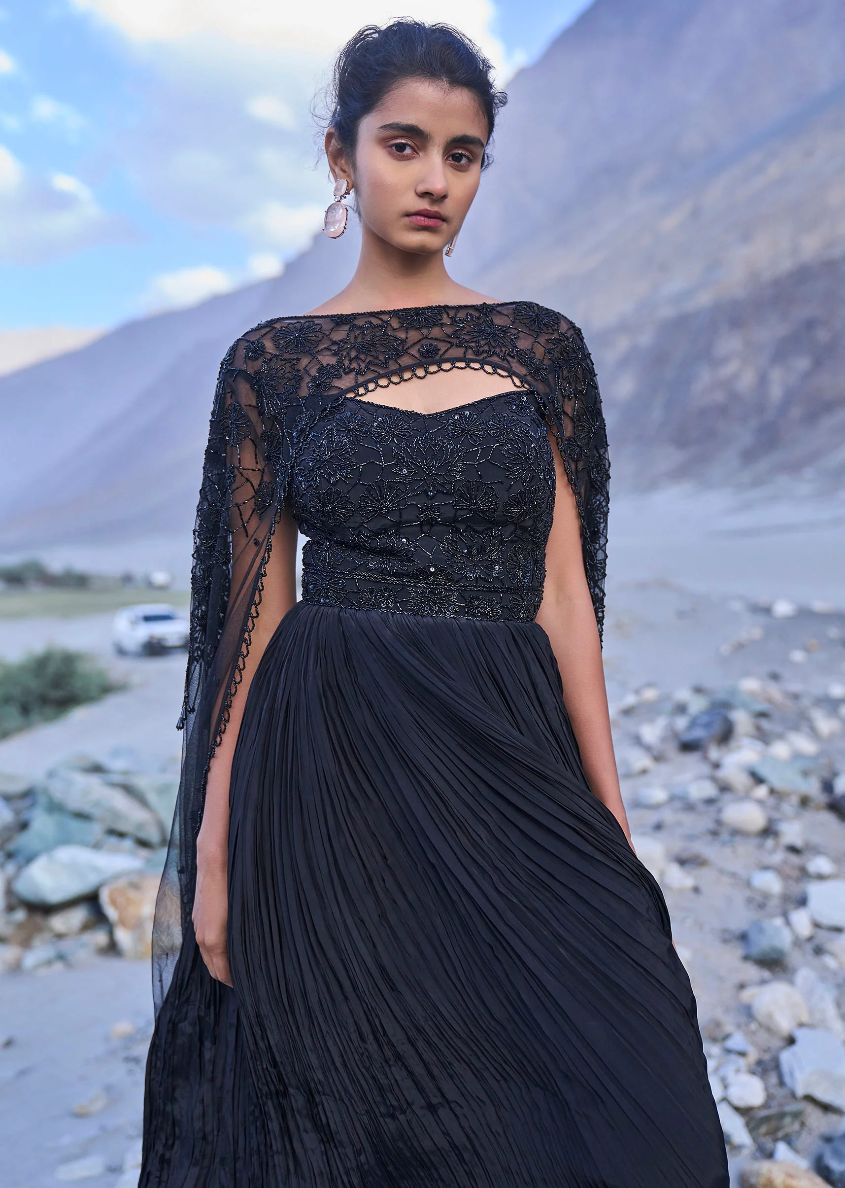 Black Embroidered Crepe Rushed Gown With Cape - Image 2