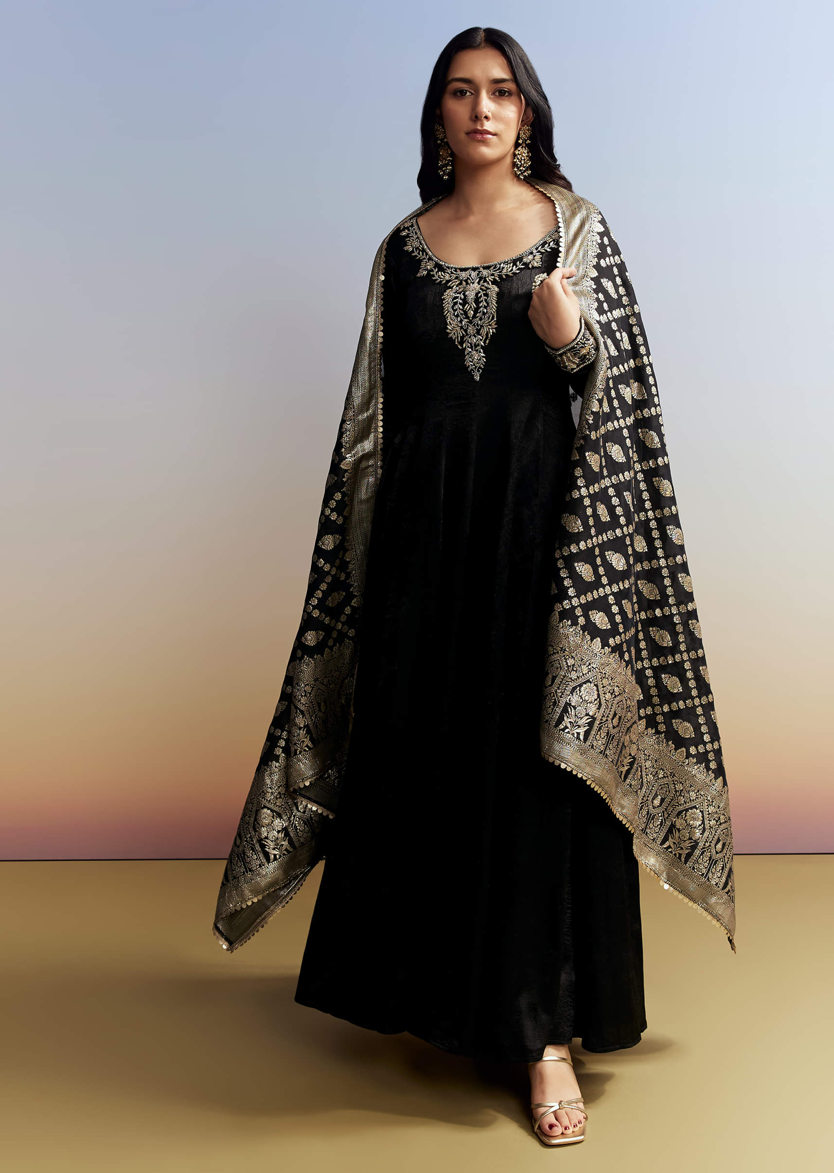 Black Embroidered Crush Satin Anarkali Set - Image 3