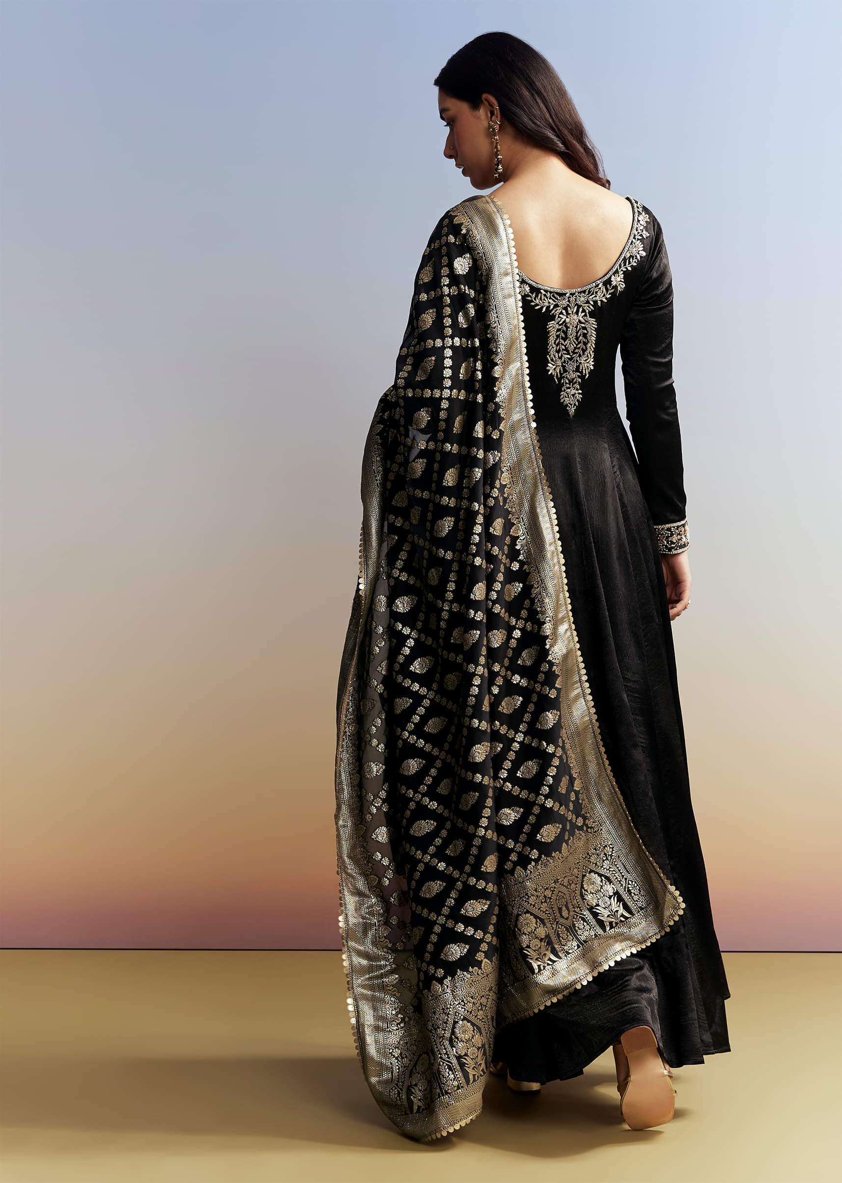 Black Embroidered Crush Satin Anarkali Set - Image 5