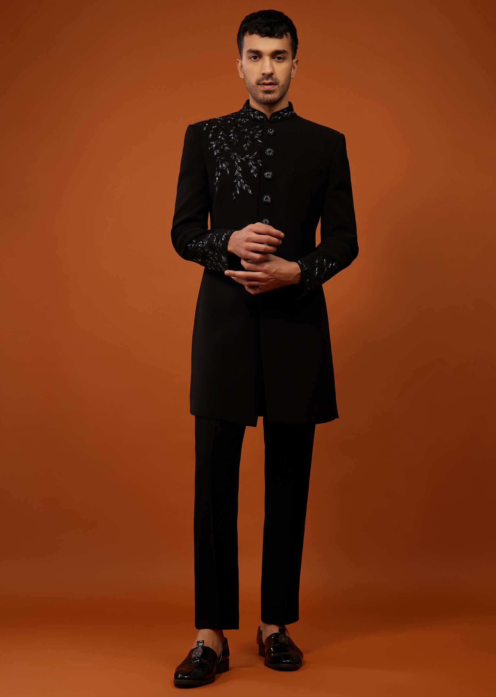 Black Embroidered Indo-Western Sherwani Set In Imported Suiting Fabric - Image 2