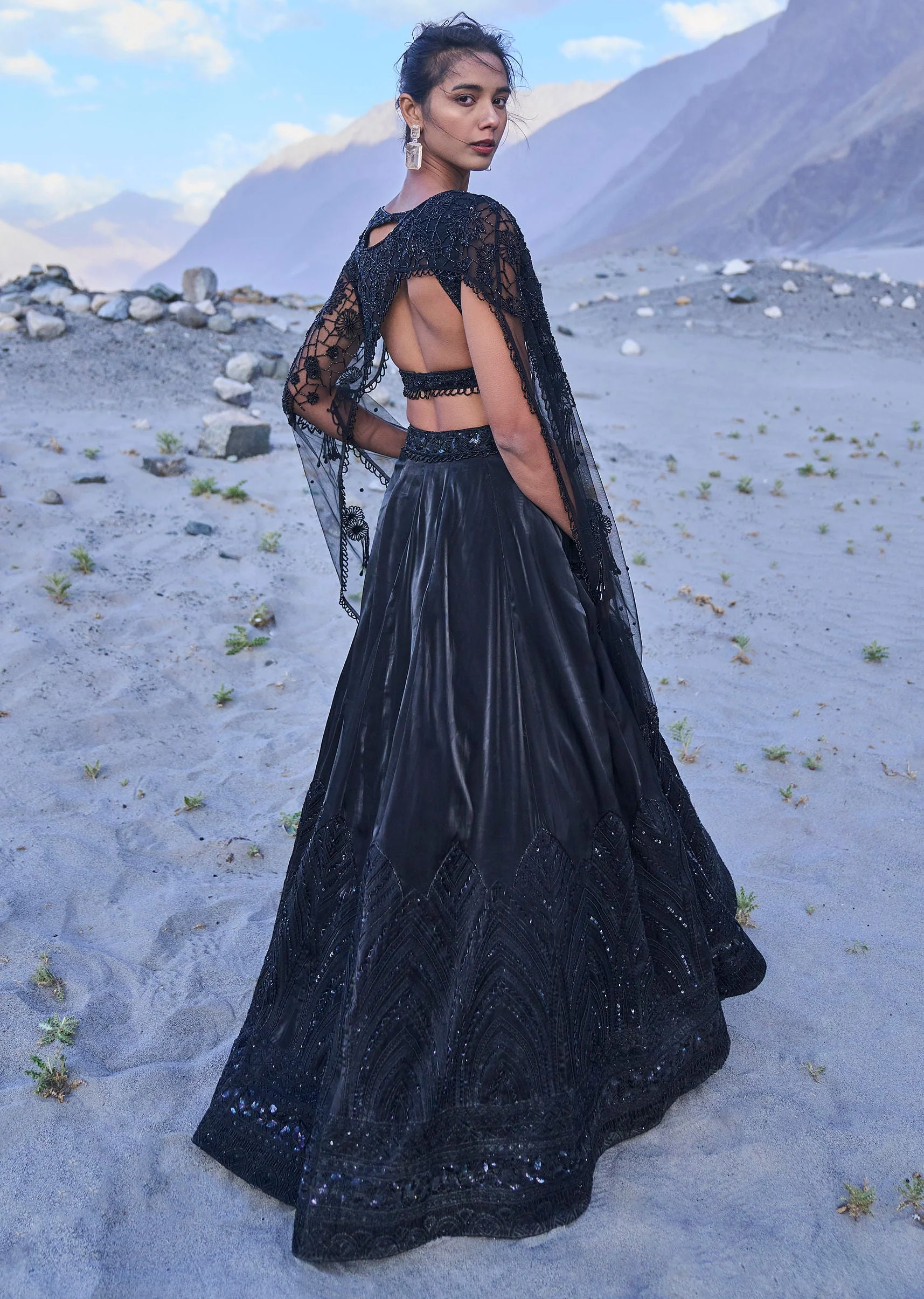 Black Embroidered Organza Lehenga Set With Cape - Image 3