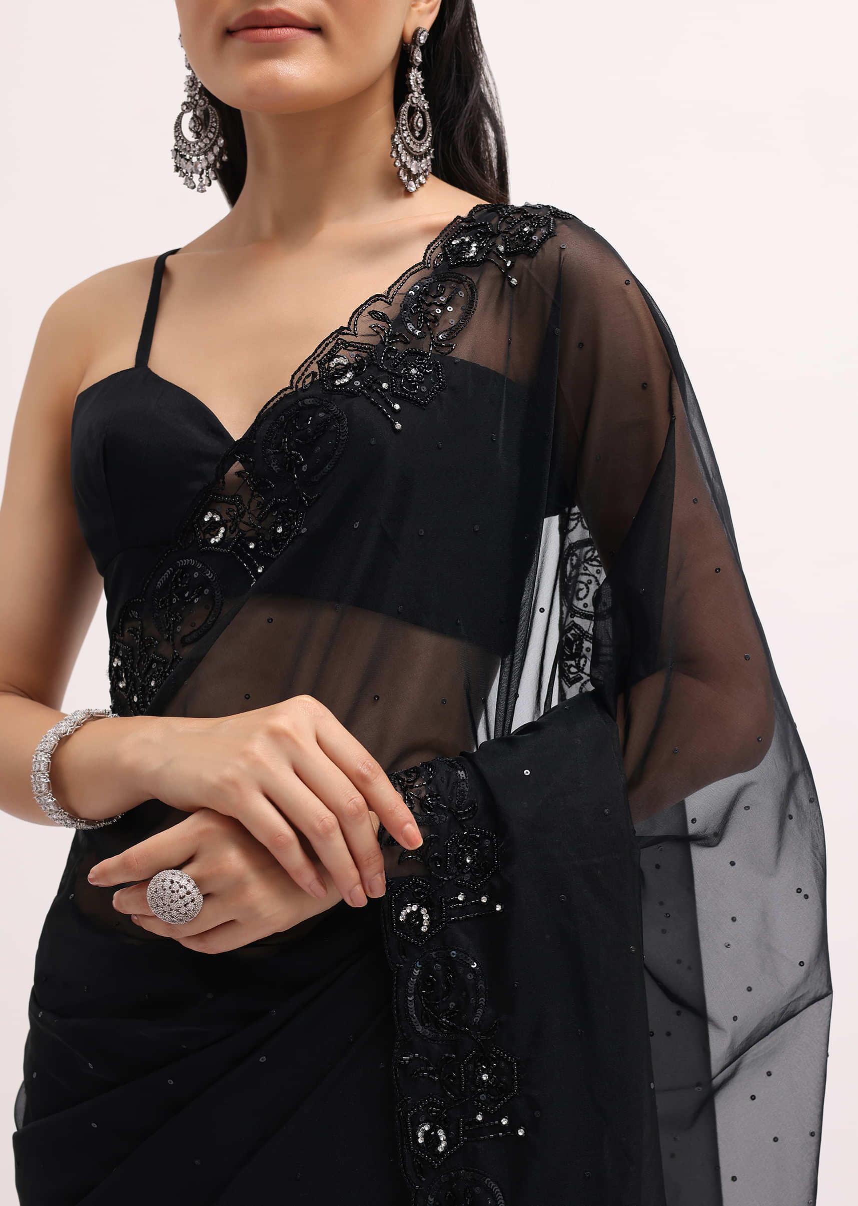 Black Embroidered Organza Saree With Unstitched Blouse - Image 3