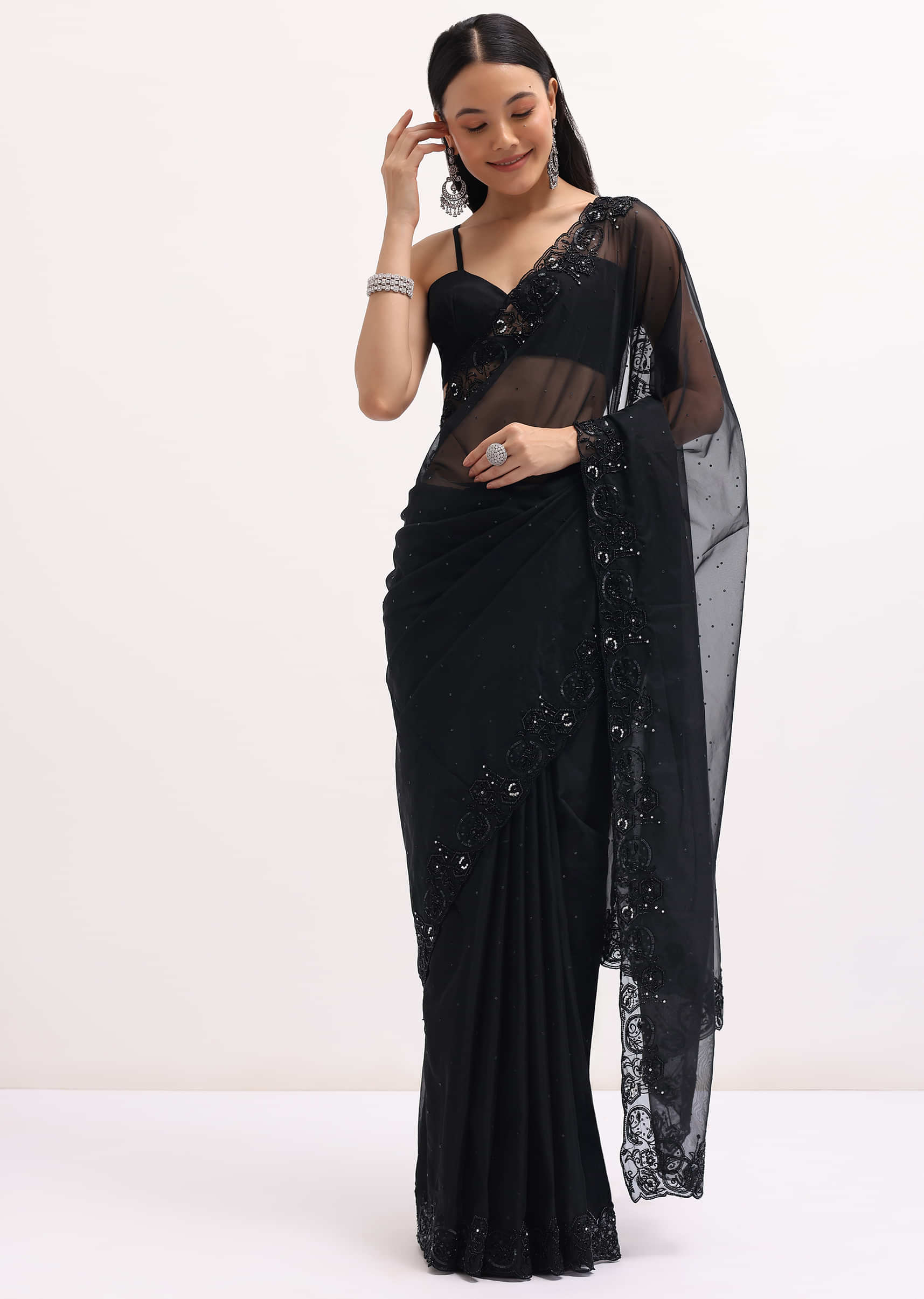 Black Embroidered Organza Saree With Unstitched Blouse - Image 5