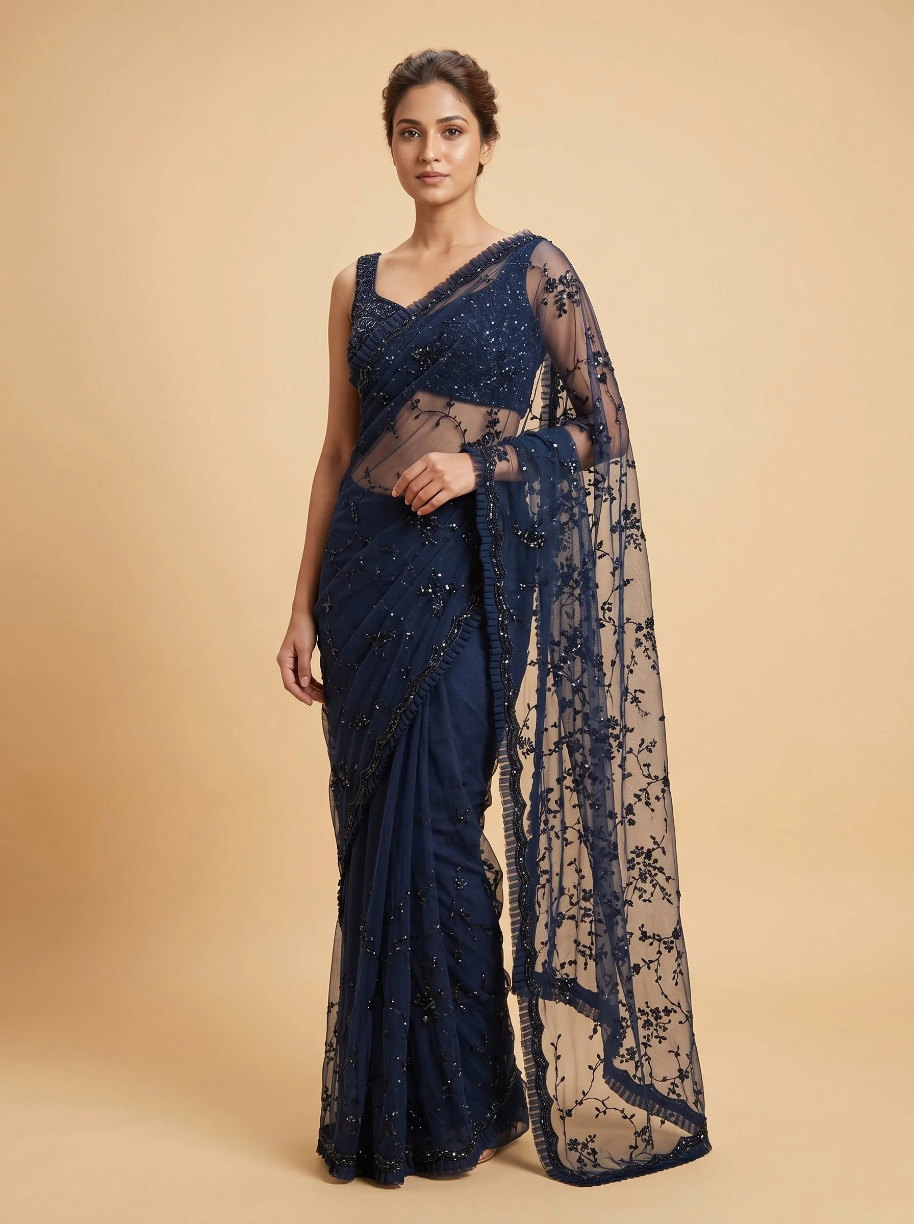 Black embroidered saree with detailed motifs